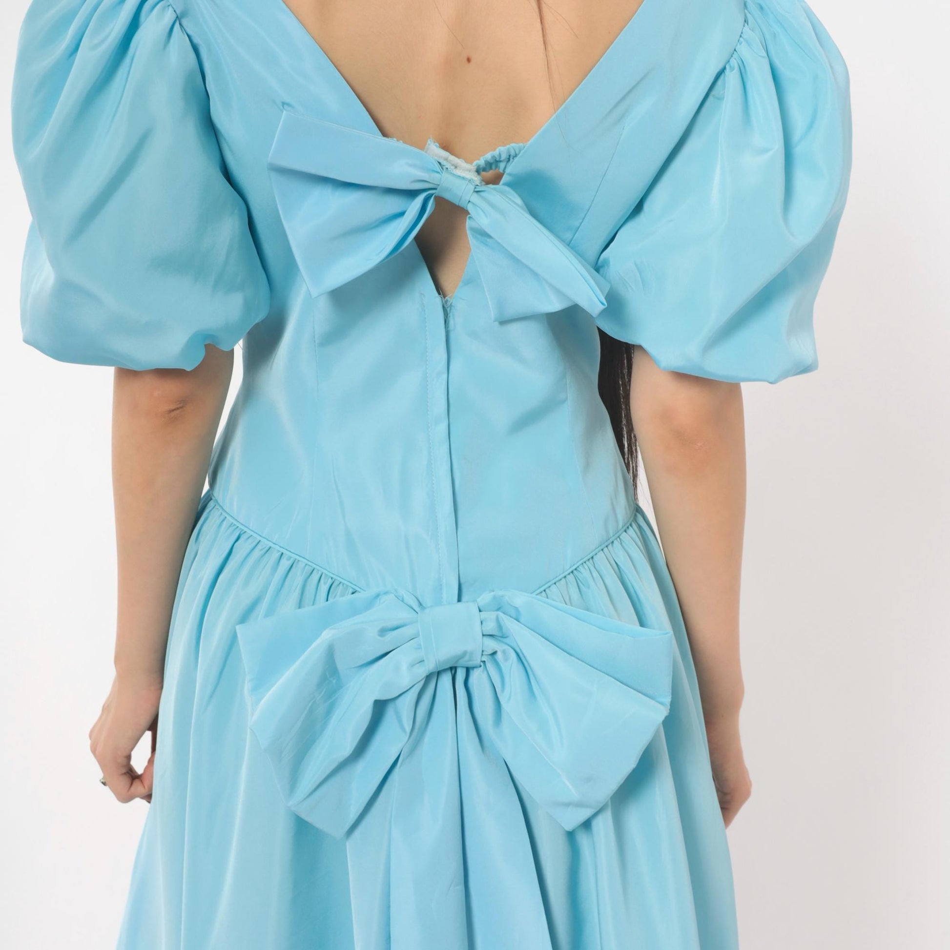 80s Sky Blue Puff Sleeve Gown Sweetheart Neckline Bow Back Maxi Medium M