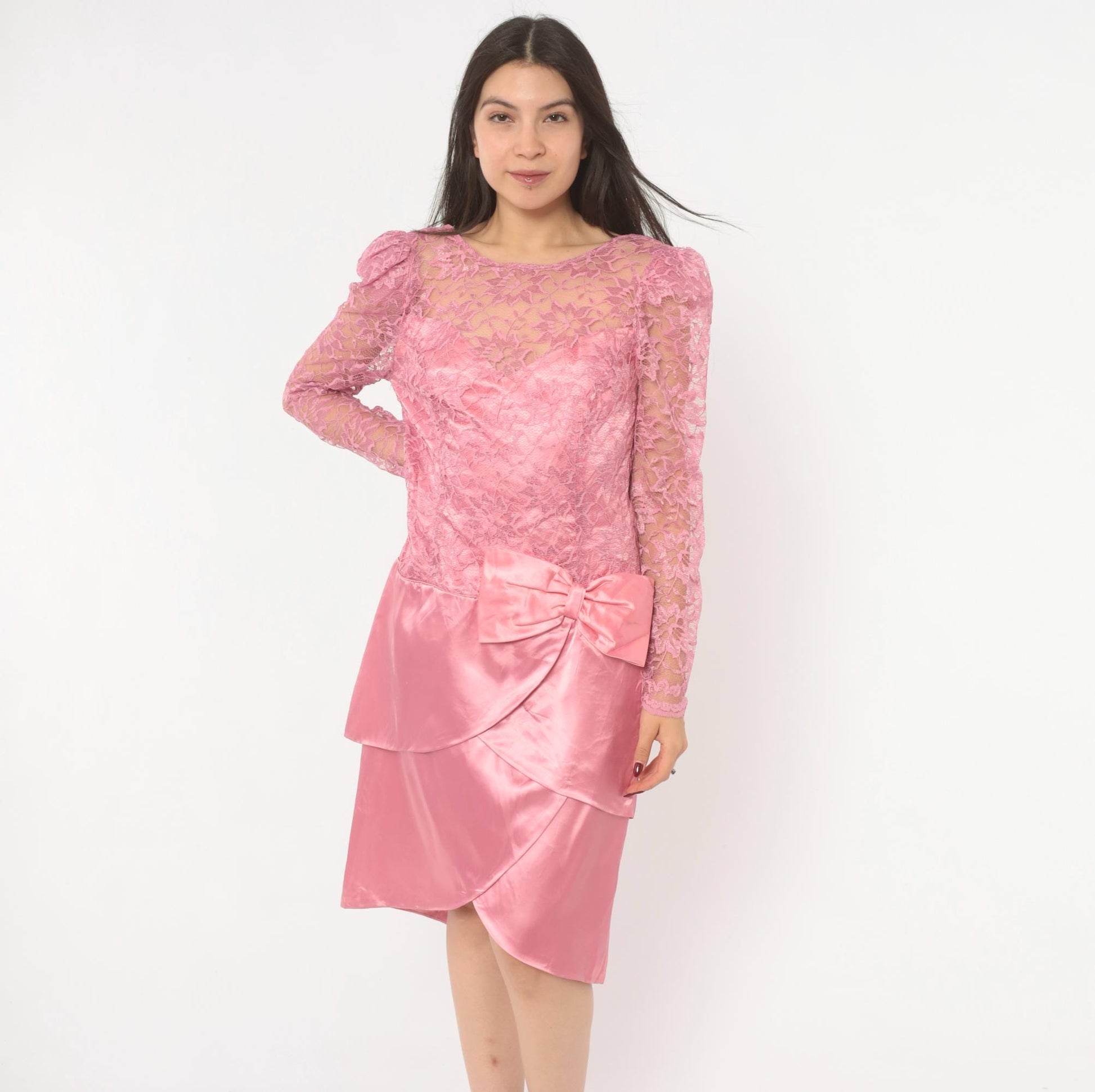 80s Pink Lace Satin Dress Puff Sleeve Bow Tiered Tulip Skirt Large L