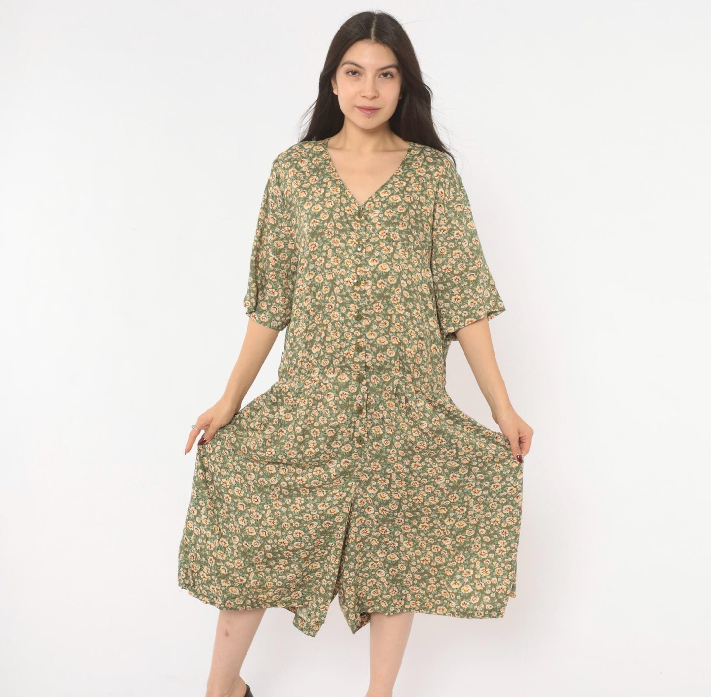 90s Westport Ltd. Floral Midi Romper Button Front Calico Print Olive Cream Extra Large XXL