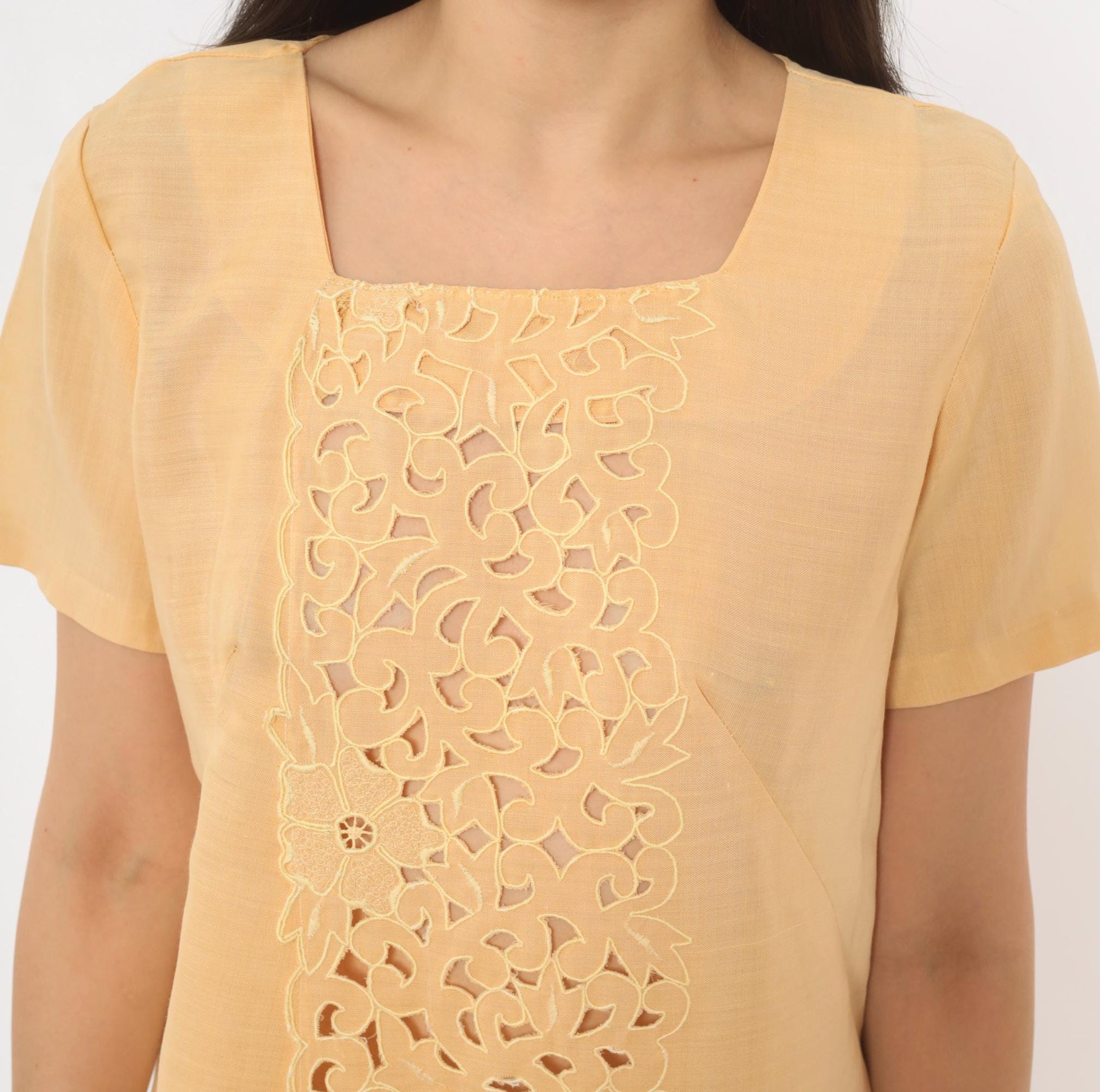80s Peach Cutwork Lace Shift Dress Cotton Square Neck Floral Embroidered Small