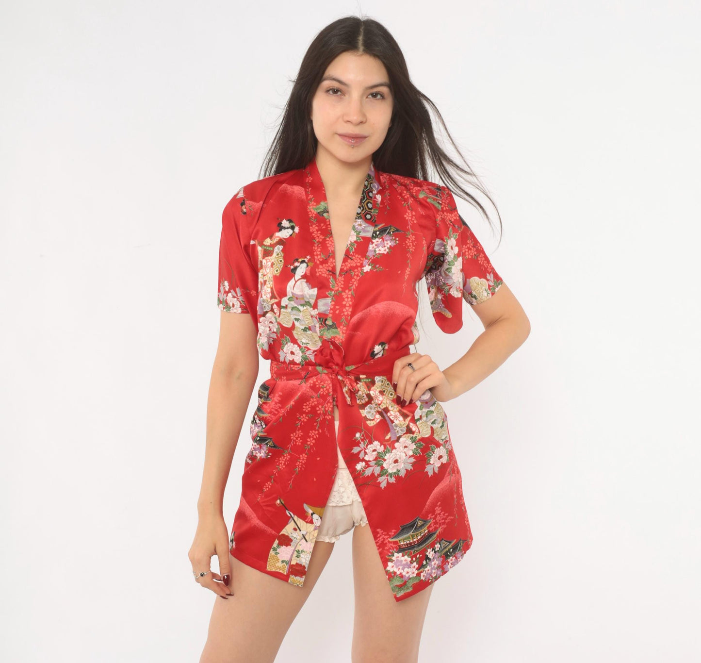90s Red Geisha Cherry Blossom Satin Kimono Robe Mini XXS