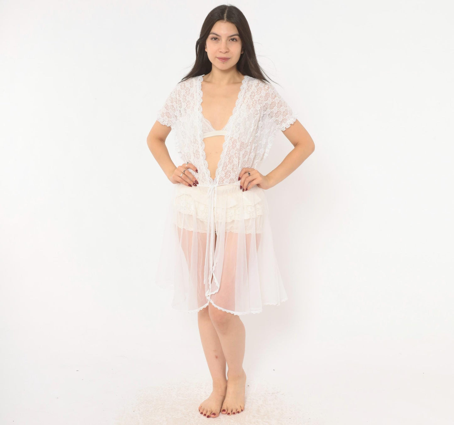 90s Delicates Woman White Lace Peignoir Robe Knee-Length Plus Size 2X