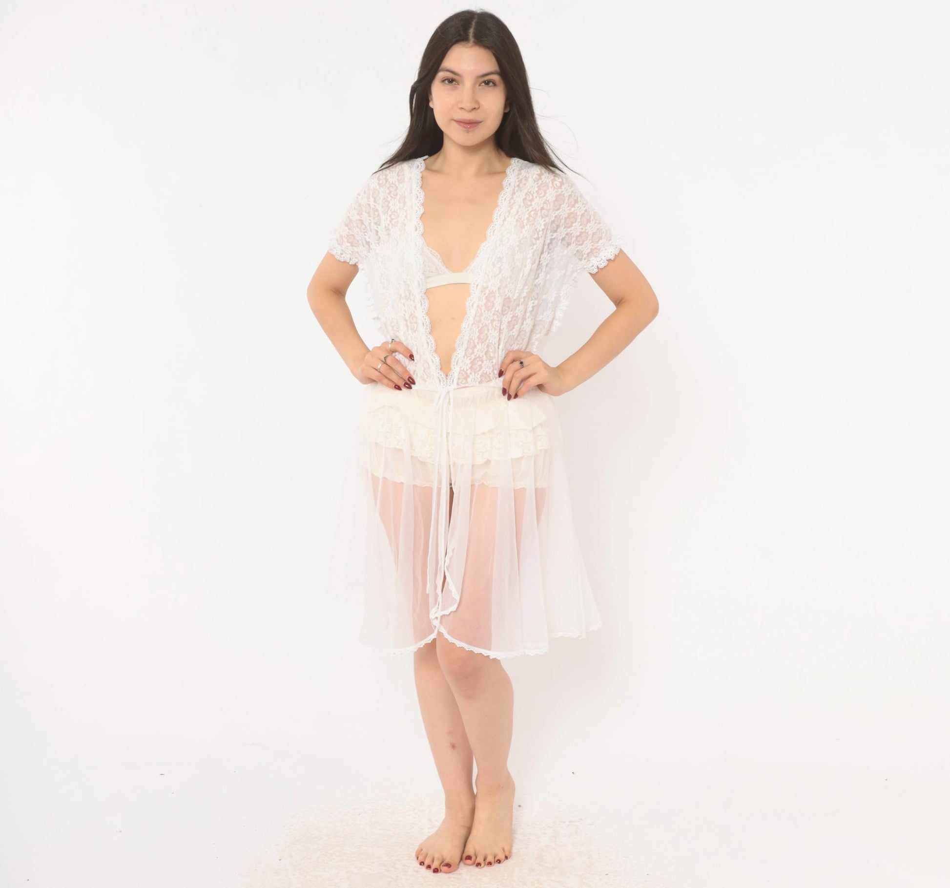 90s Delicates Woman White Lace Peignoir Robe Knee-Length Plus Size 2X