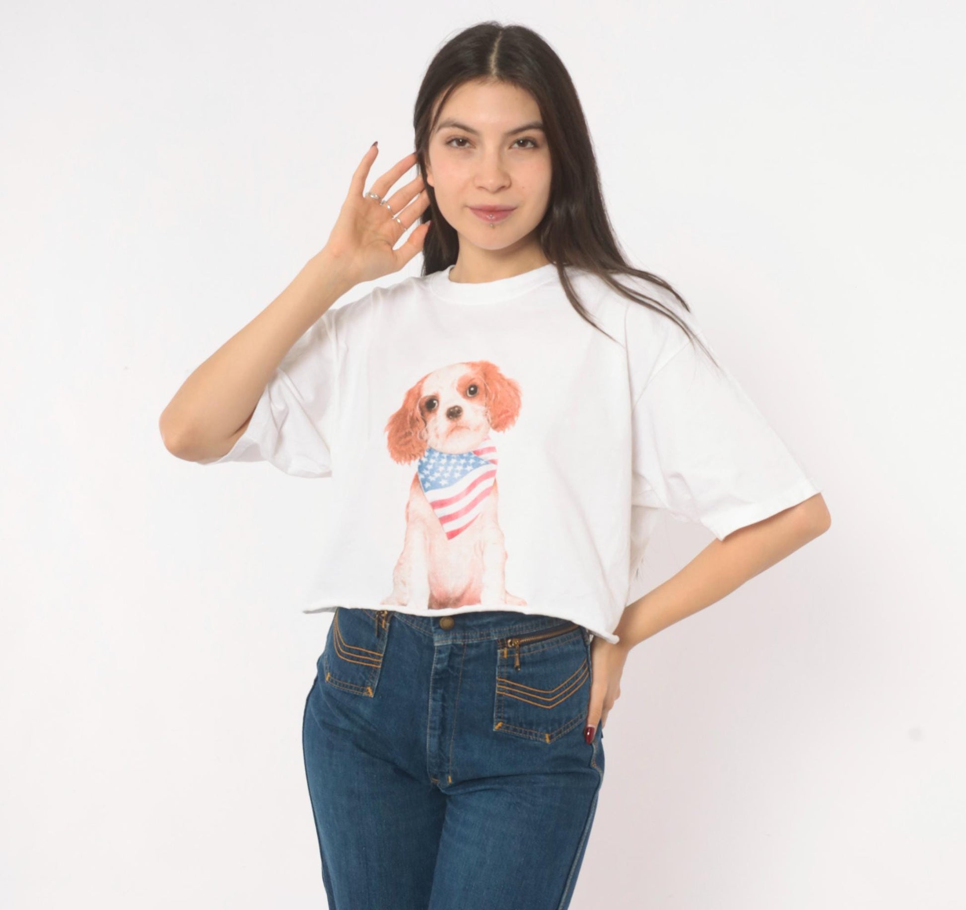 90s Yazbek Puppy Dog American Flag Bandana Graphic Crop Tee White Cotton Medium