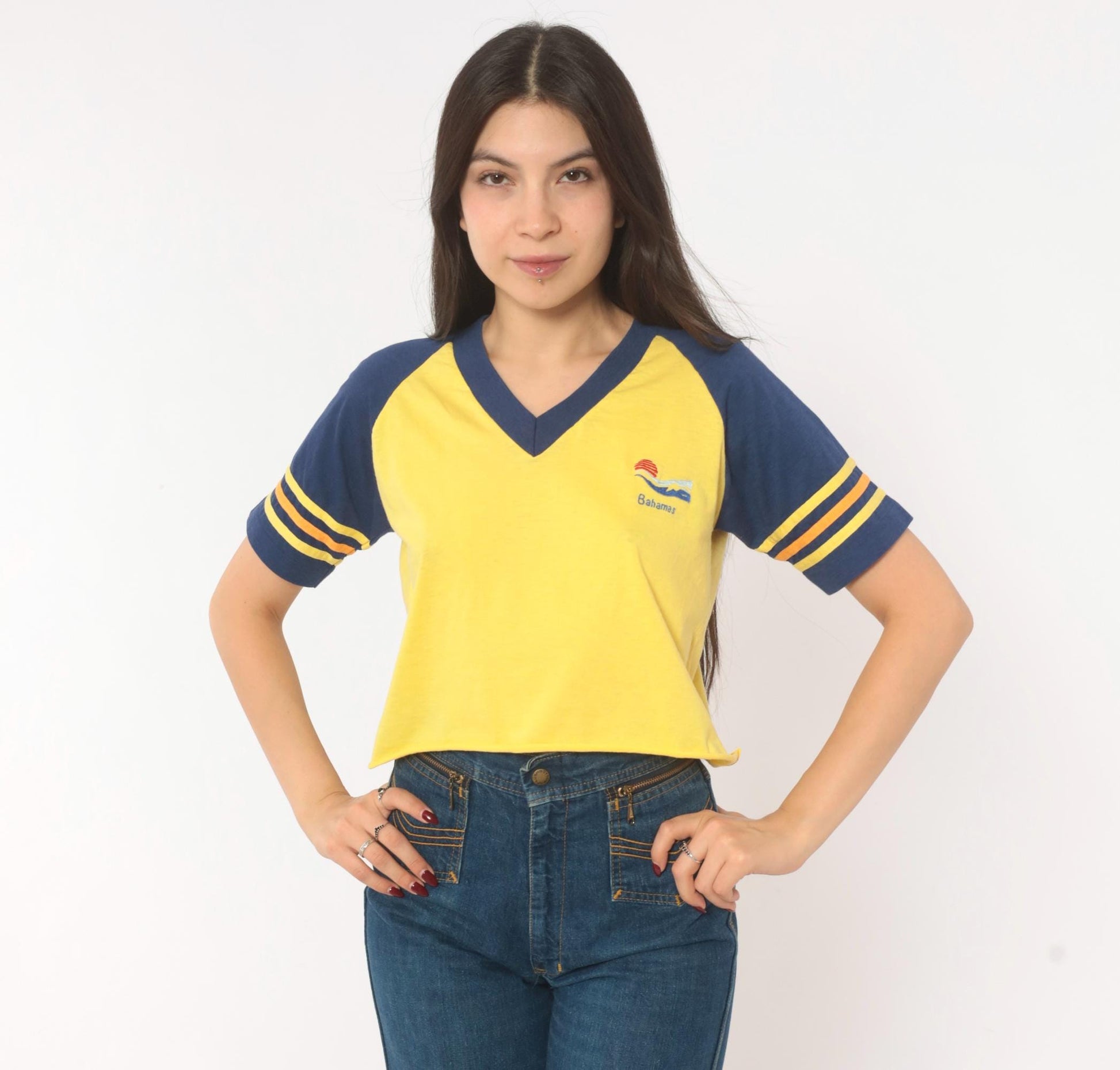 80s Windswept Bahamas Raglan Crop Top Yellow Navy Striped Small