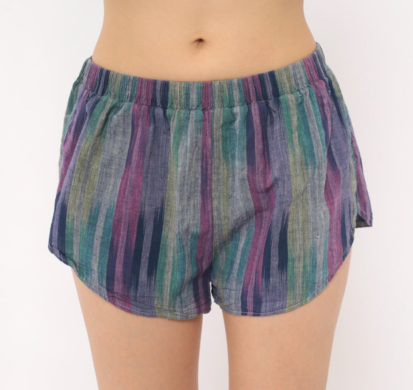 80s Pounders Striped Runner Shorts Purple Teal Navy Cotton Dolphin Hem Small S