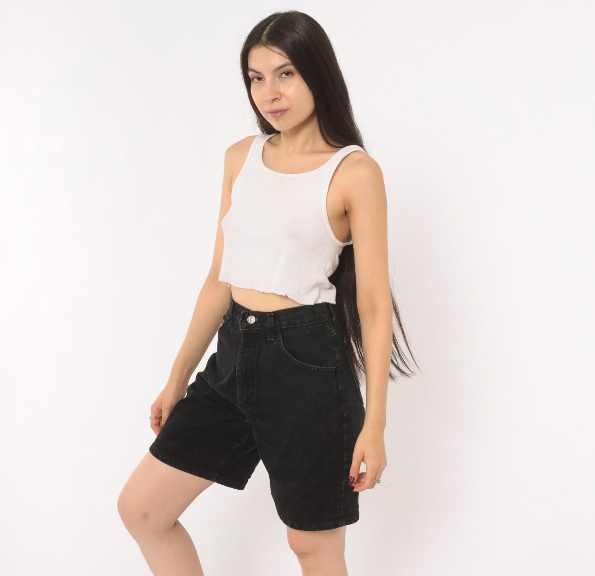 90s Lee Black Denim Bermuda Shorts High Waist Cotton Faded Small S