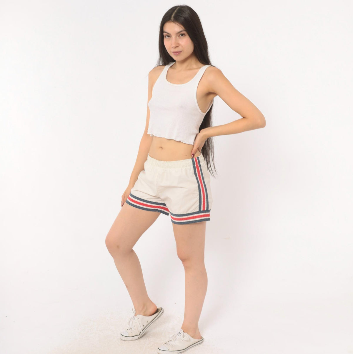 80s Striped Athletic Shorts White Navy Red Running Gym Small Medium