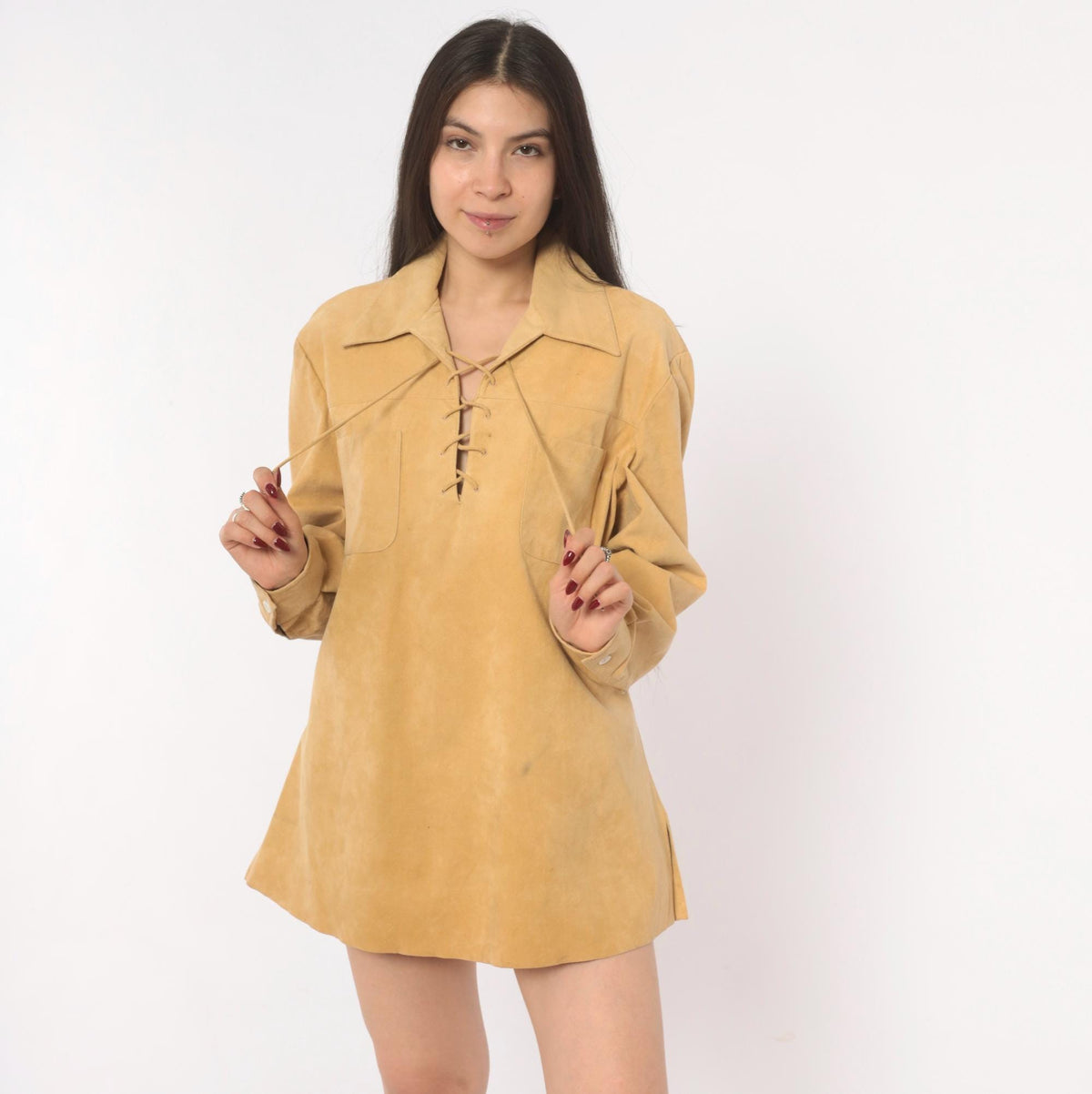 70s Tan Faux Suede Lace-Up Tunic Shirt Pointed Collar Long Sleeve Large L