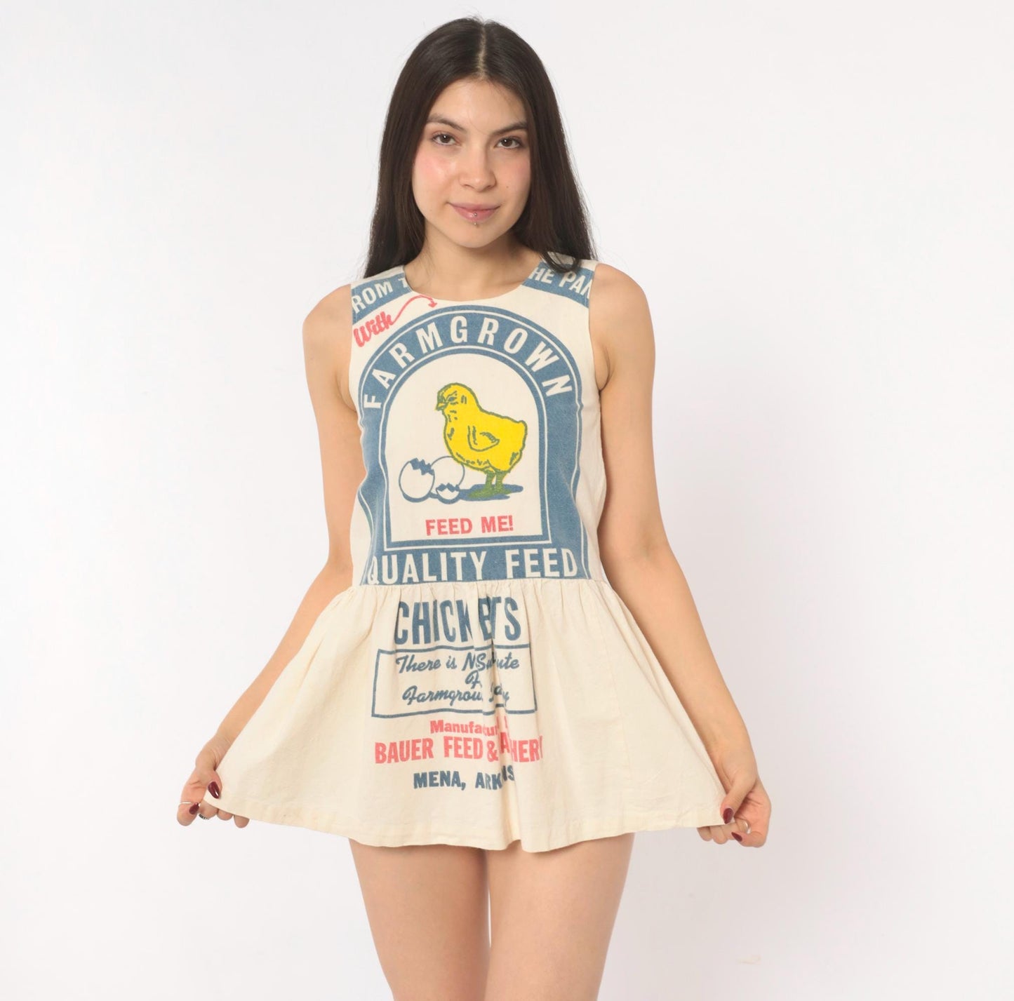 70s Chicken Feed Sack Mini Dress Cotton Cream Yellow Graphic XXS