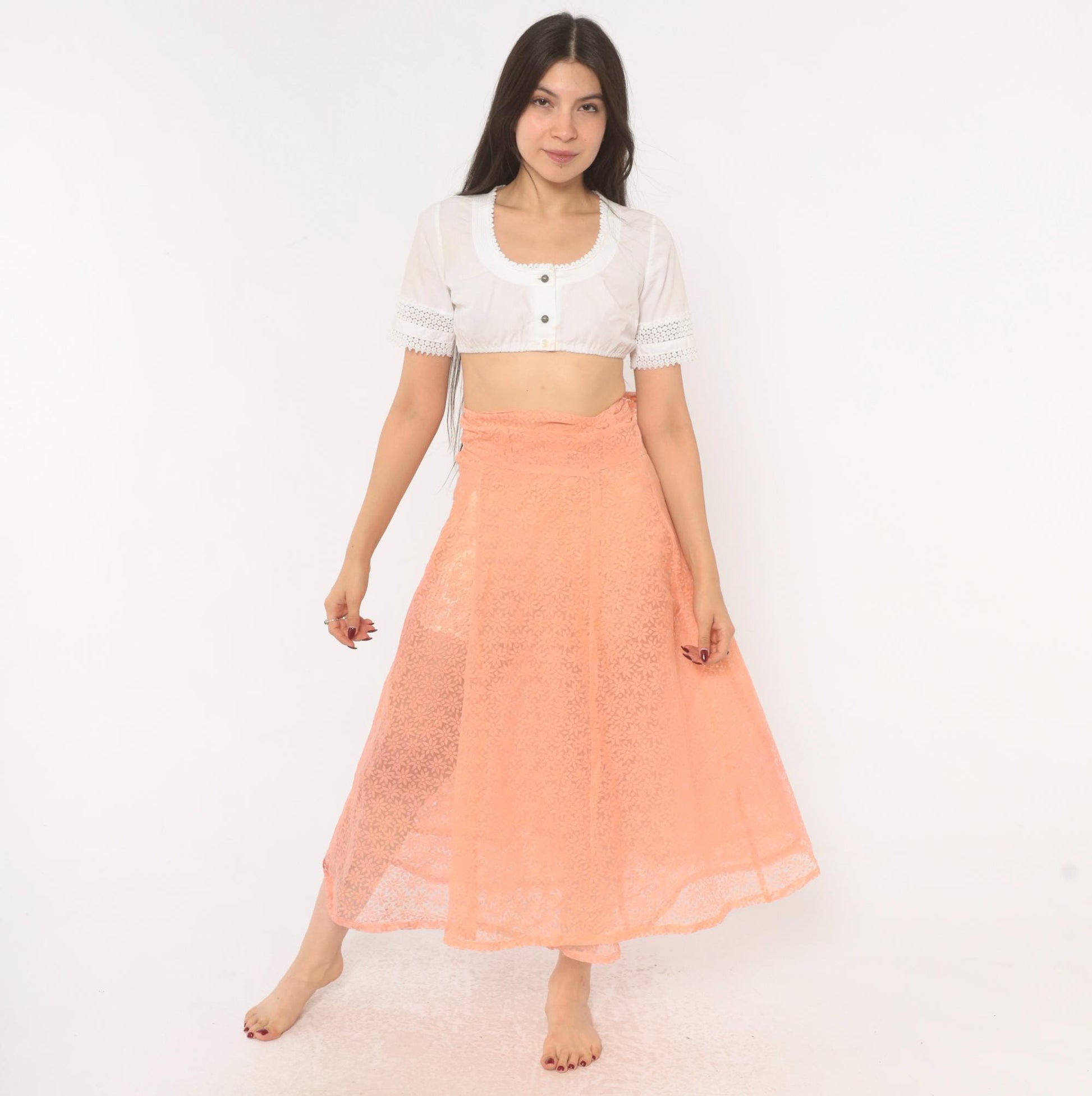 90s Peach Floral Lace Wrap Midi Skirt A-Line Daisy Sheer Medium to Extra Large