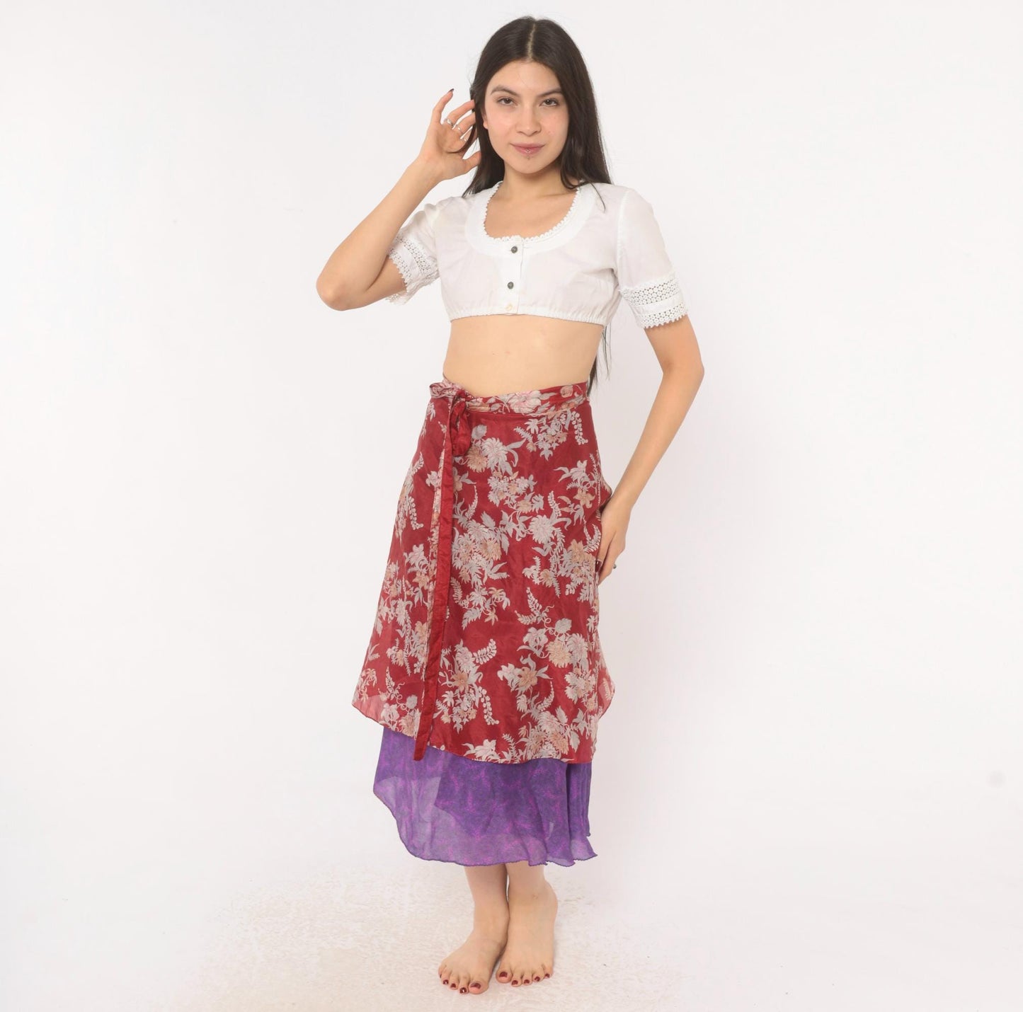 Y2K Kariza Silk Wrap Skirt Burgundy Floral Purple Double Layer Small Medium