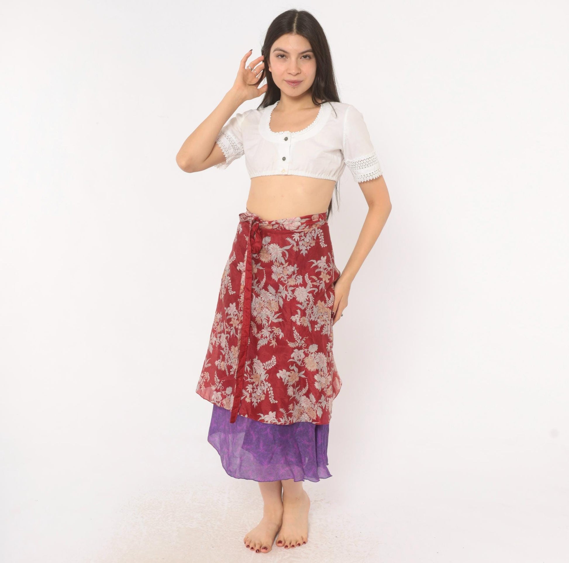 Y2K Kariza Silk Wrap Skirt Burgundy Floral Purple Double Layer Small Medium