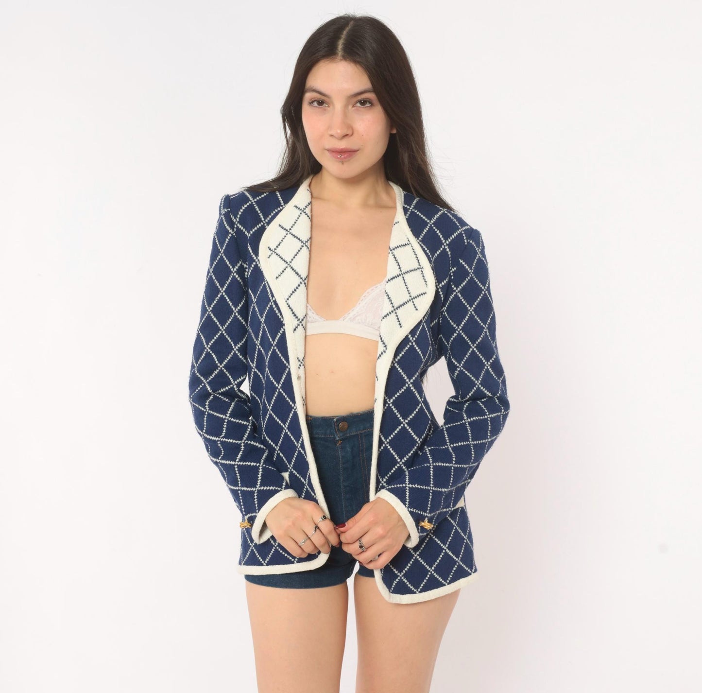80s Castleberry Navy Diamond Knit Blazer White Trim Collarless Small