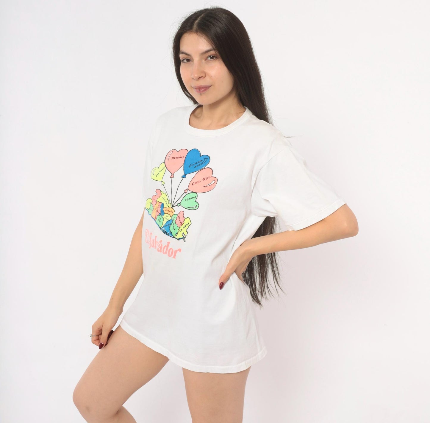 2000s El Salvador Map Heart Balloon Graphic White Cotton Tee Large L