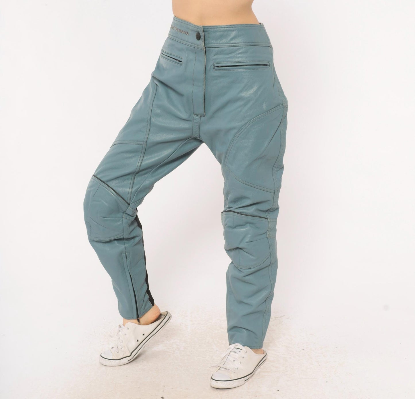 Y2K Frank Thomas Lady Rider Blue Leather Motorcycle Pants Armored Knee Medium M