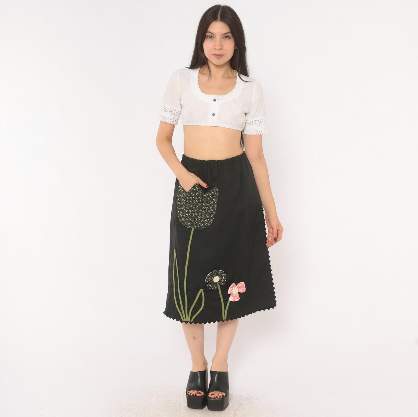 70s Black Floral Midi Skirt Tulip Pocket Patchwork A-Line Small