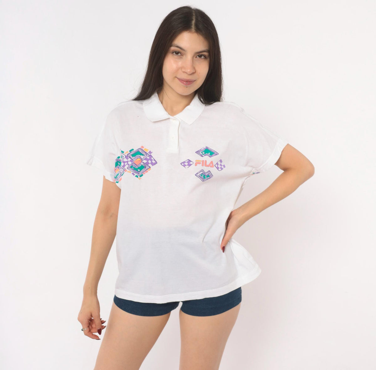 80s Fila Geometric Polo White Cotton Diamond Pattern Large
