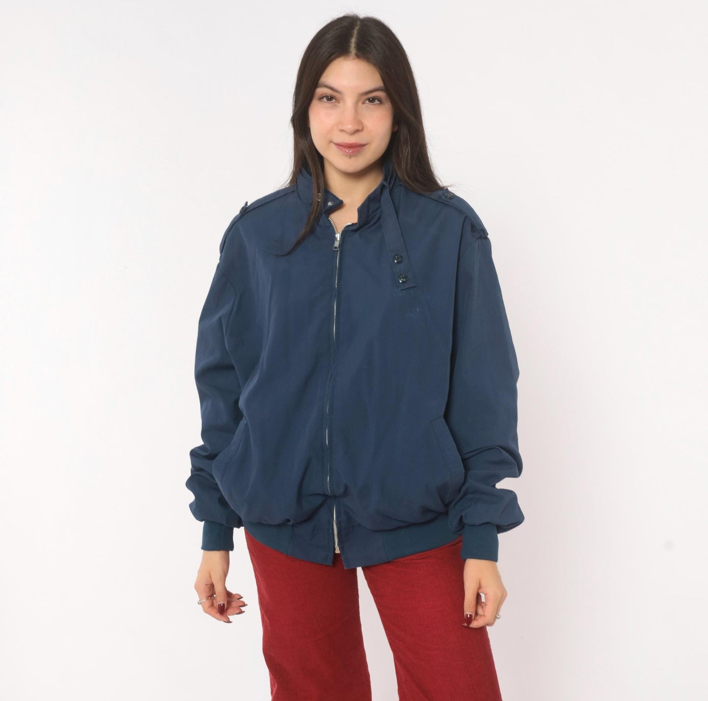 80s King Louie Navy Harrington Bomber Jacket Buffalo Plaid Lined Large L