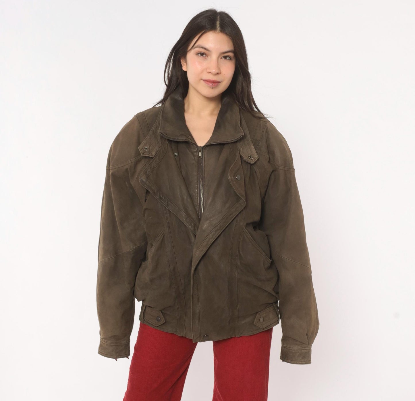 80s Pelle Studio Brown Leather Bomber Jacket Batwing Moto Large L