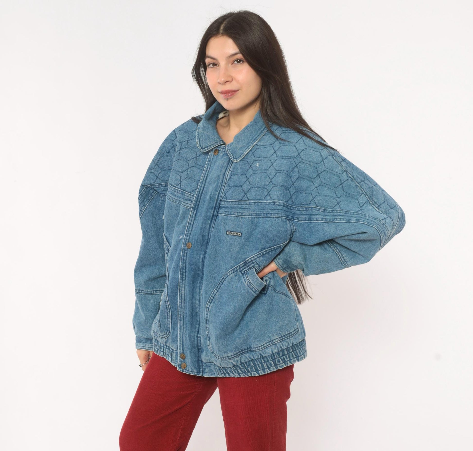 90s Kongloon Quilted Denim Bomber Sherpa Lined Jean Jacket Blue Large