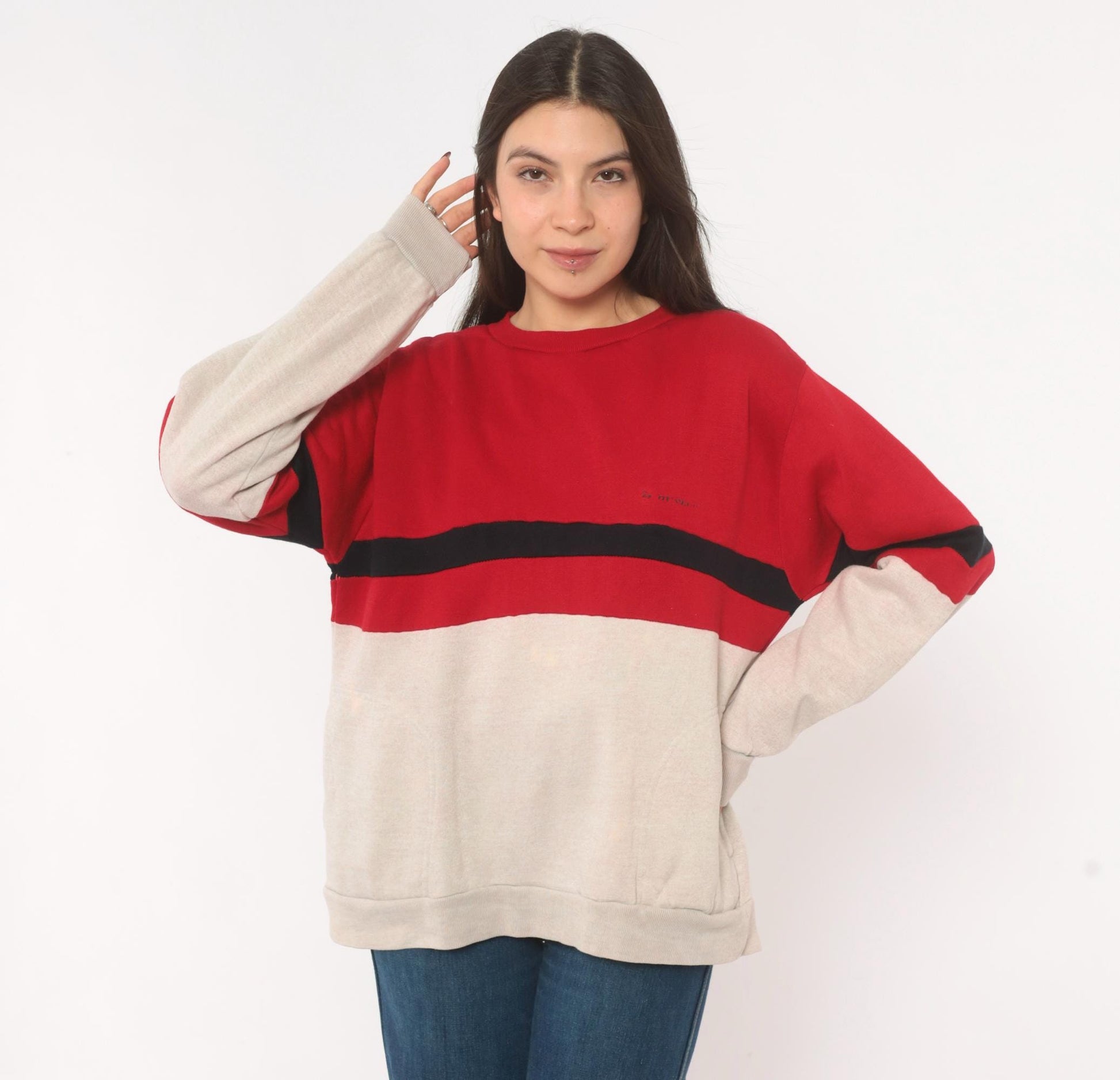 80s Dunlop Color Block Sweatshirt Red Cream Black Stripe Drop Shoulder Large