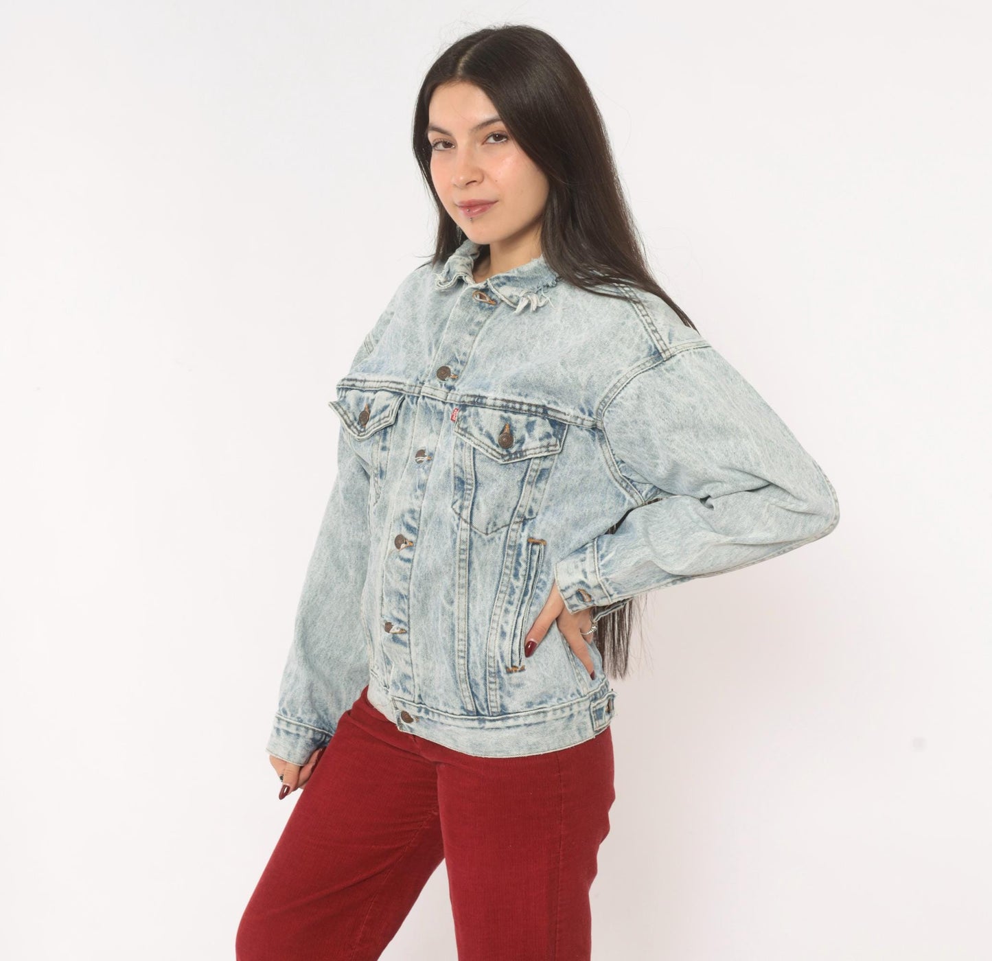 80s Levi's Acid Wash Denim Trucker Jacket Light Blue Distressed XS