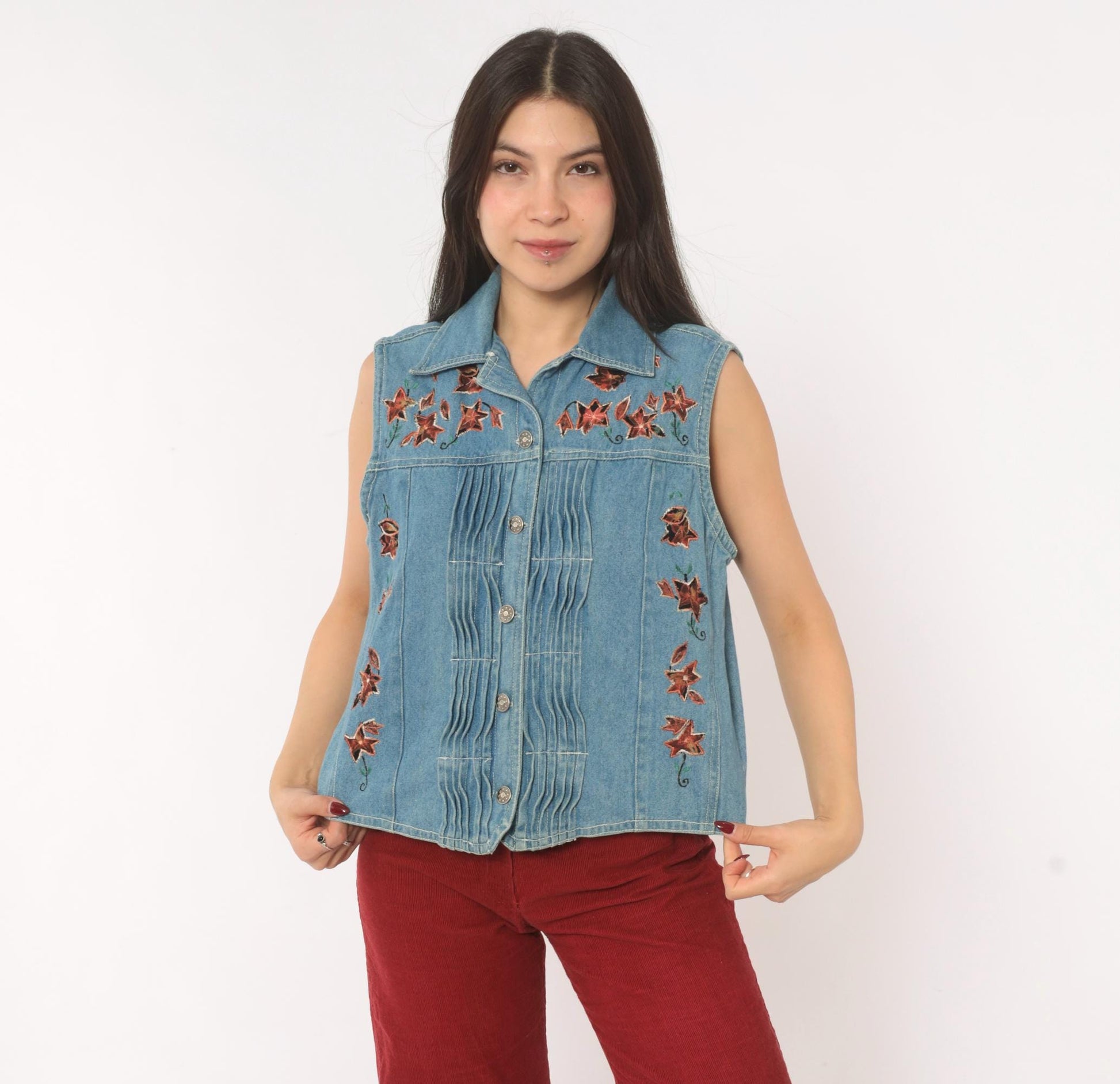 90s Spell Bound Leaf Embroidered Denim Vest Blue Chambray Pintuck Medium M