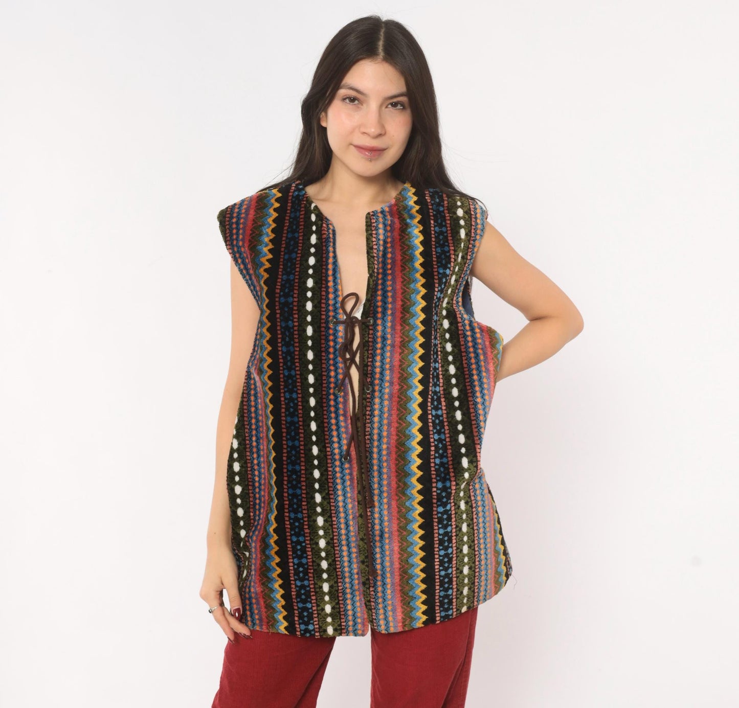 70s Chenille Tapestry Vest Multicolor Zigzag Stripe Lace-Up Tunic Large L