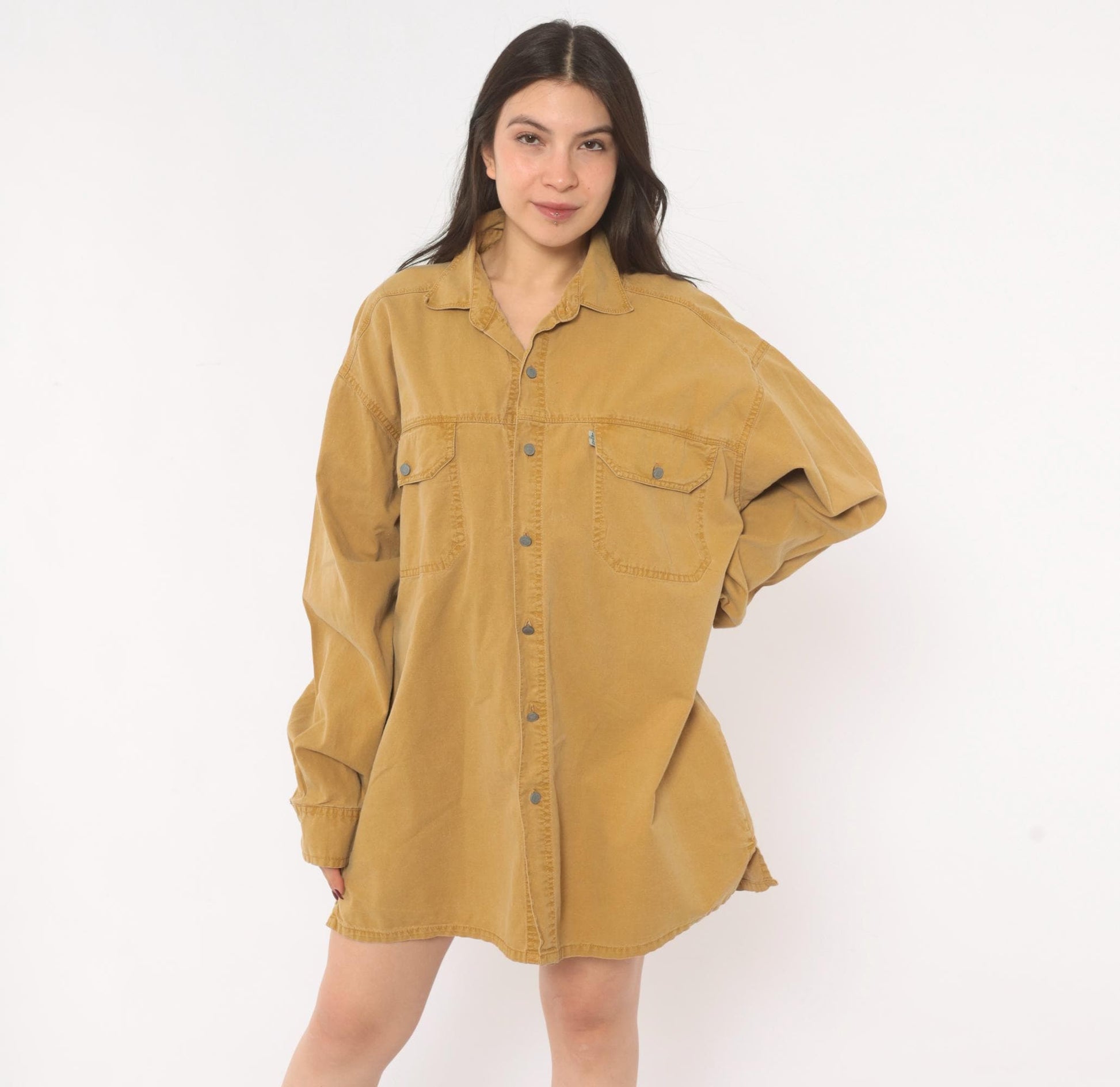 90s Levi's Mustard Cotton Button-Front Shirt Spread Collar Large L