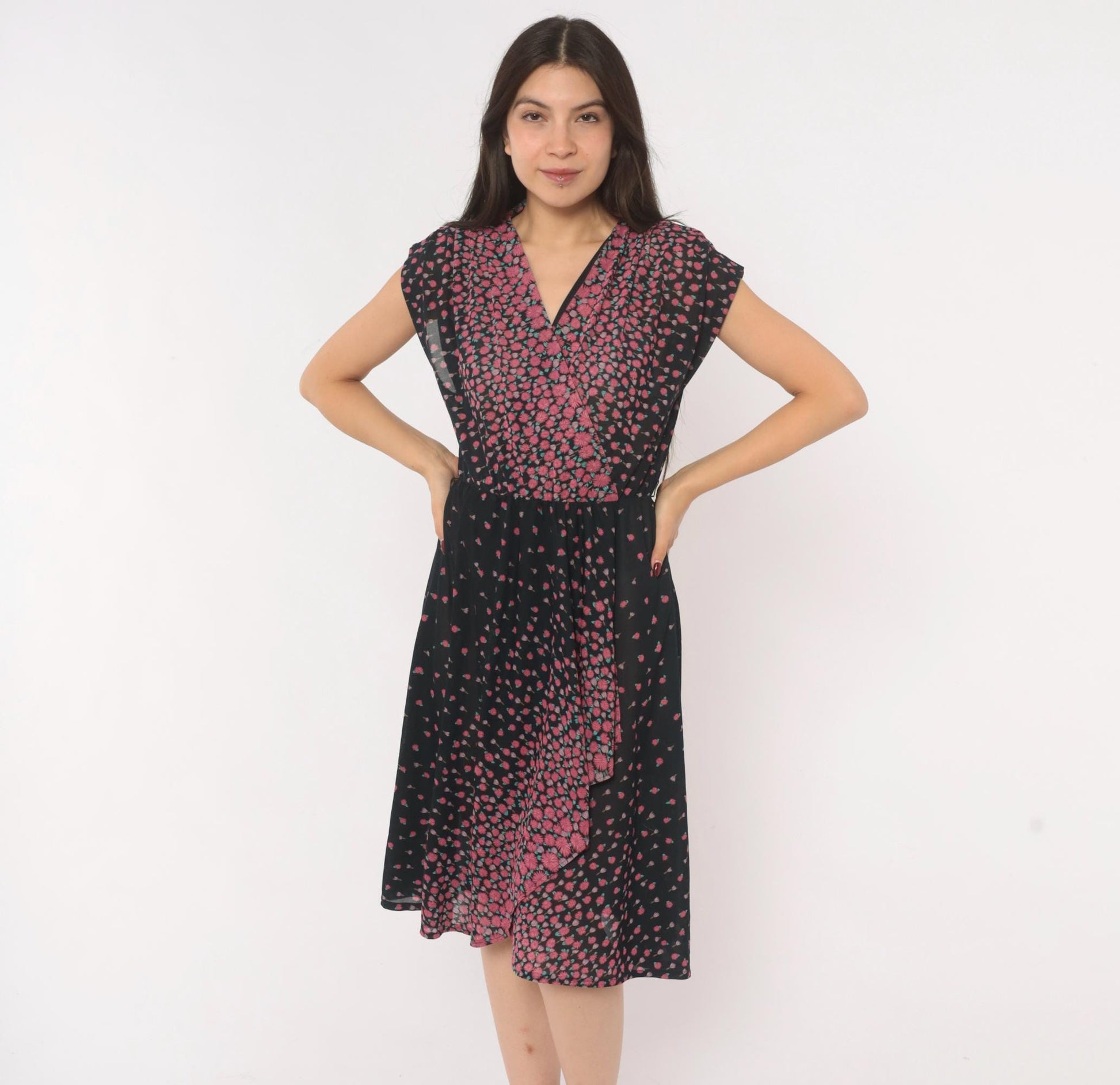 70s JT Jody of California Floral Wrap Dress Black Pink Gradient Knee-Length Medium
