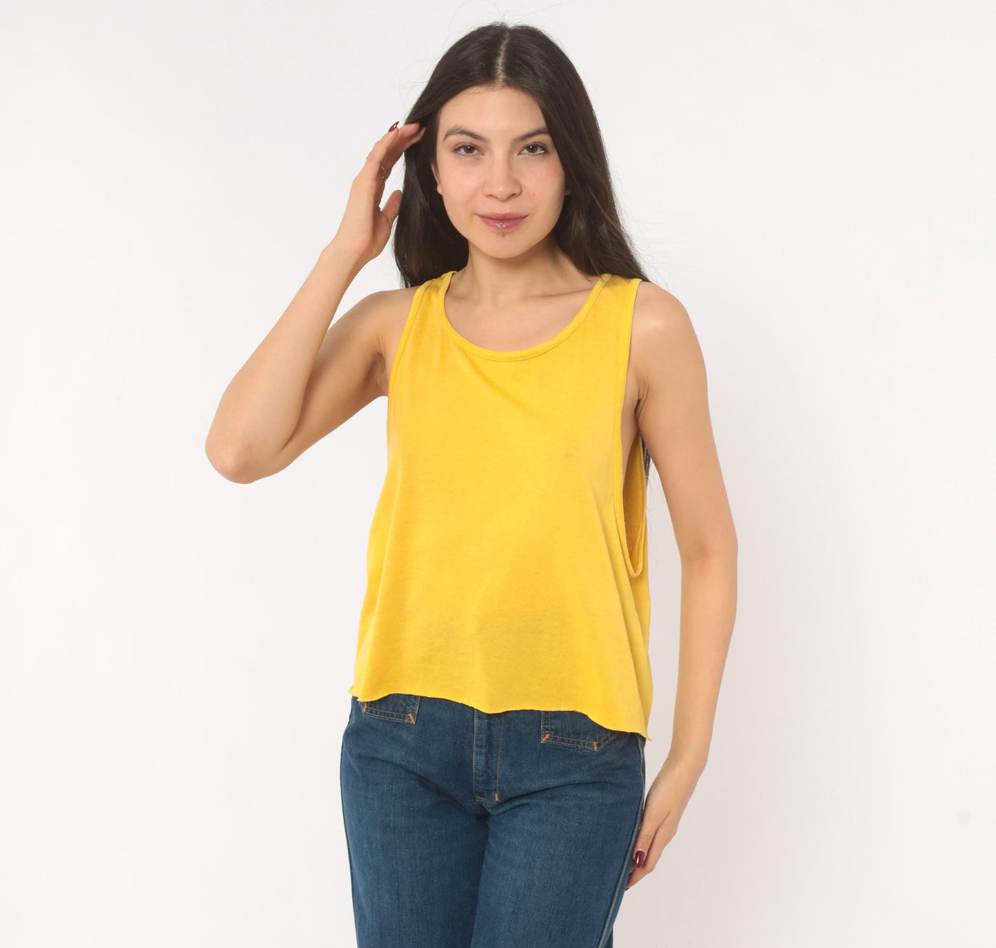 90s Mustard Scoop Neck Tank Top Yellow Sleeveless Blouse Medium M