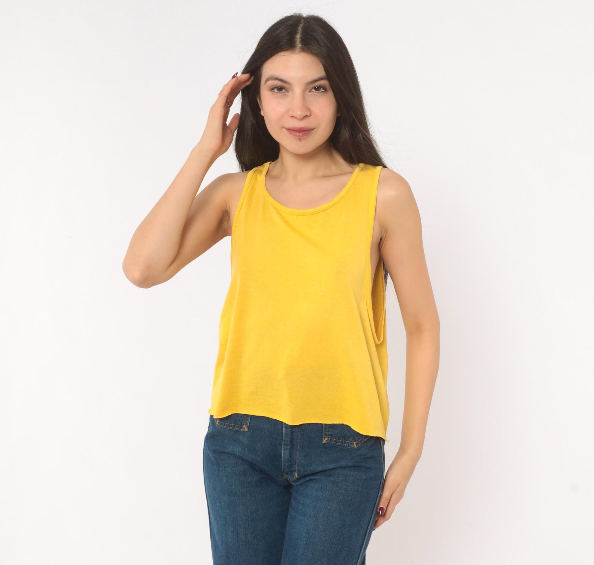 90s Mustard Scoop Neck Tank Top Yellow Sleeveless Blouse Medium M