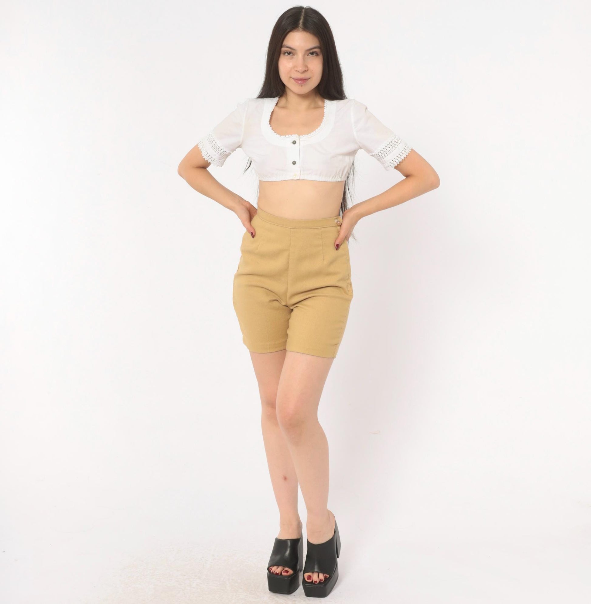 70s Permanent-Press High-Waisted Shorts Tan Cotton Linen Extra Small XS