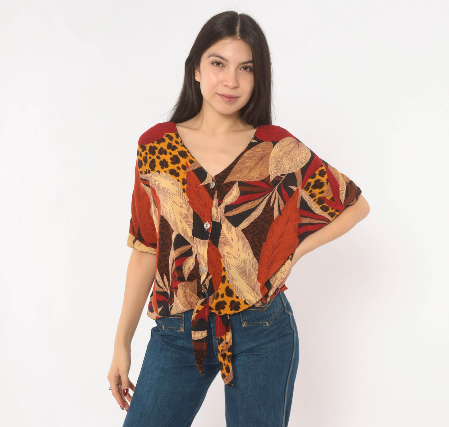 90s Options Melrose Tropical Leopard Button Blouse Tie Front Large L