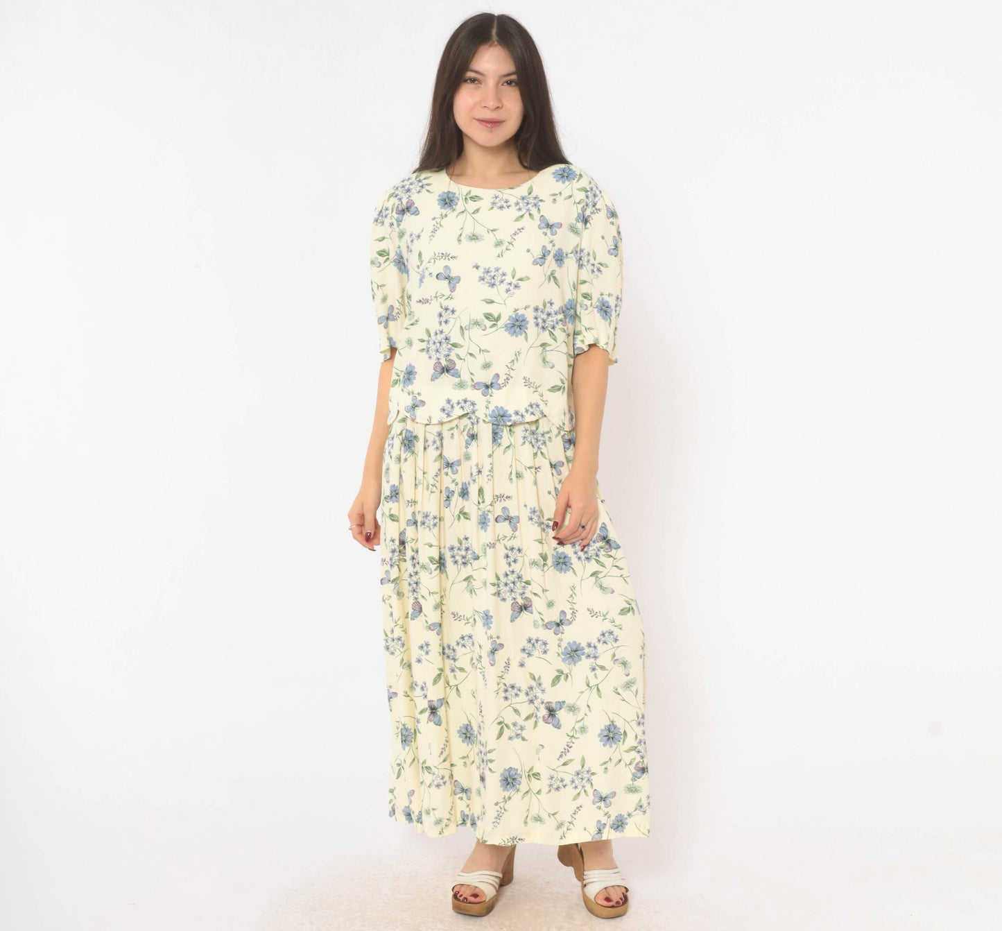 90s SL Fashions Floral Maxi Dress Cream Blue Lavender Peplum Short Sleeve Extra Large XXL