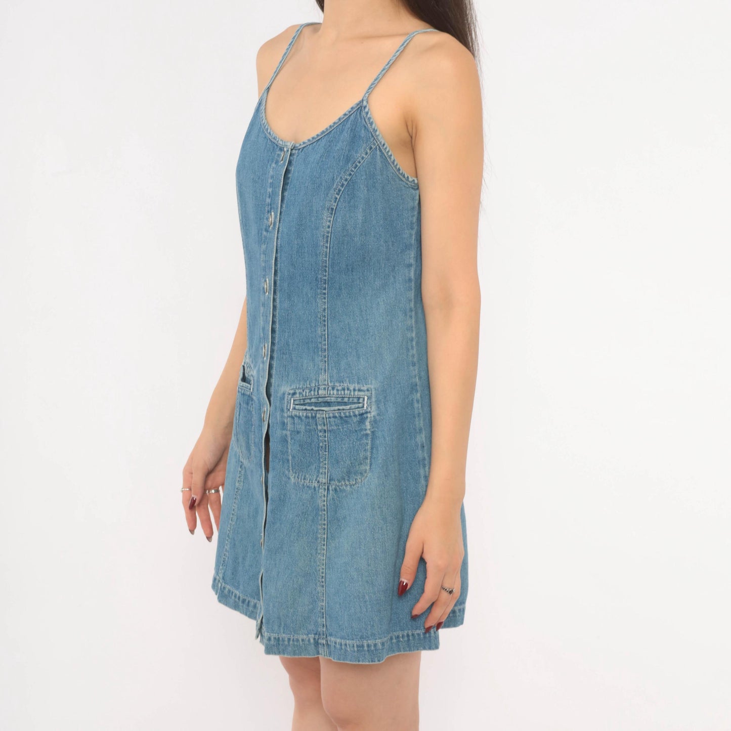 90s Dockers Denim Mini Dress Button Front Spaghetti Strap Blue Small