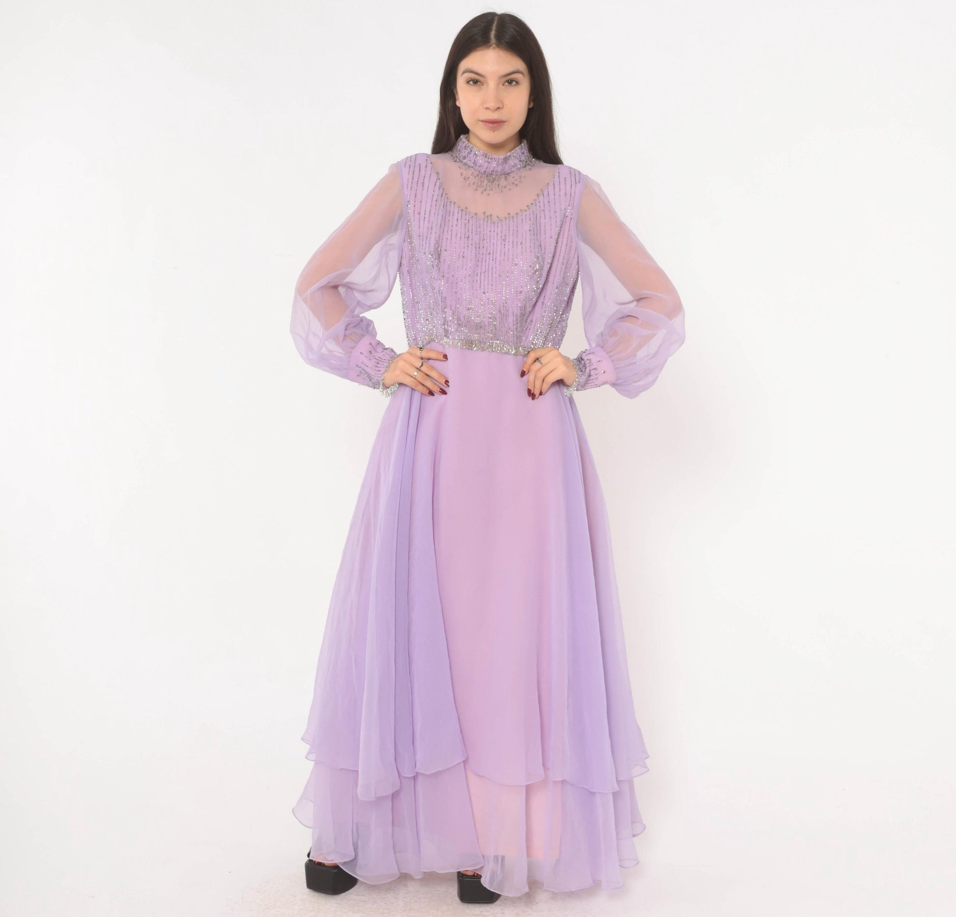70s Lavender Chiffon Maxi Dress Beaded Bodice Bishop Sleeve Evening Gown Large L