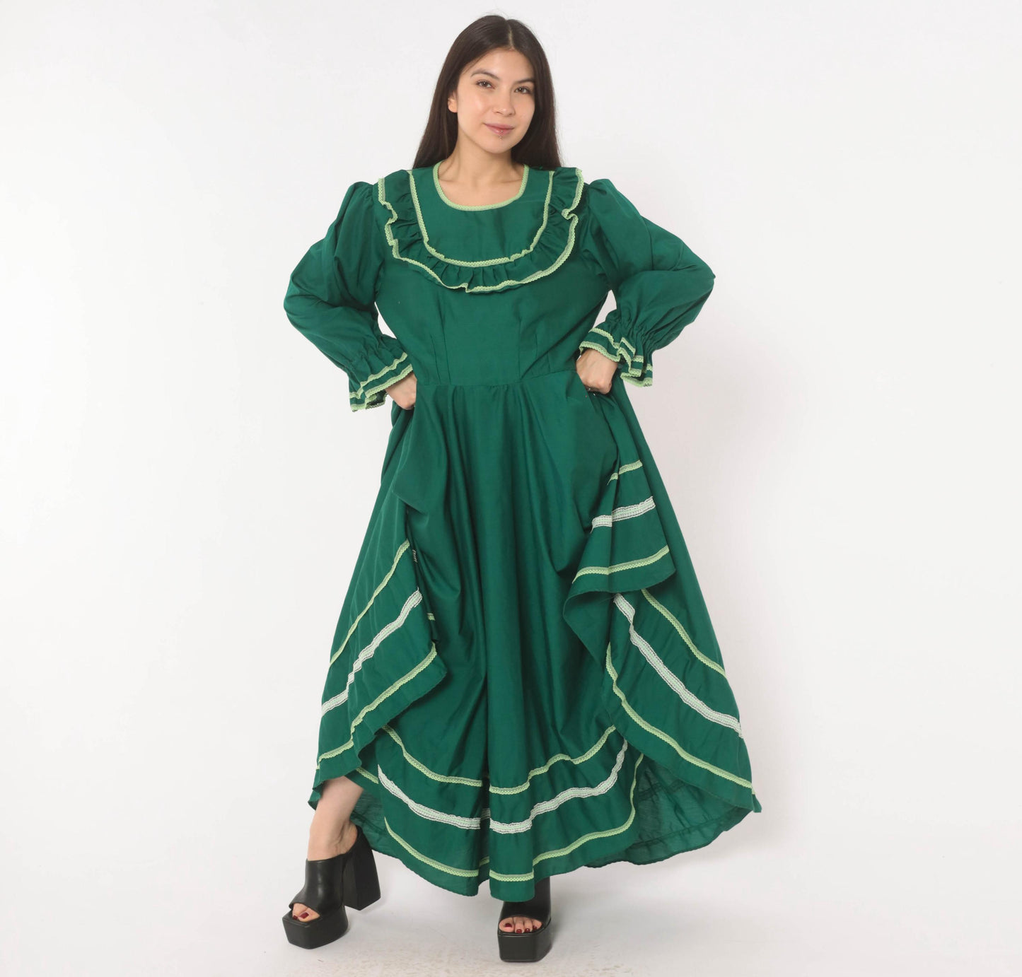 70s Forest Green Prairie Maxi Dress Lace Ruffle Puff Sleeve Large L