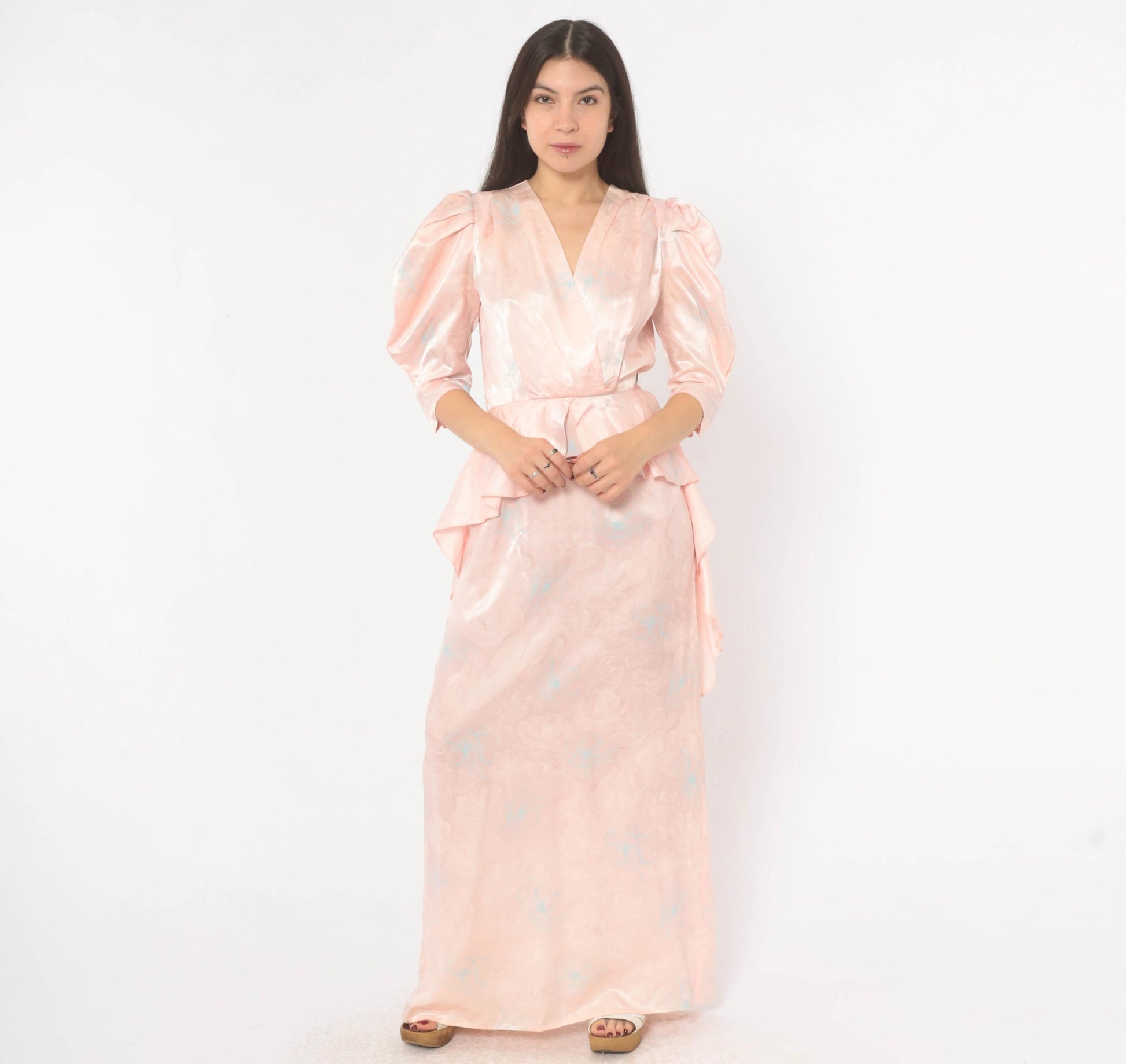 80s Zum Zum Puff Sleeve Maxi Gown Blush Pink Jacquard Floral Extra Small XS