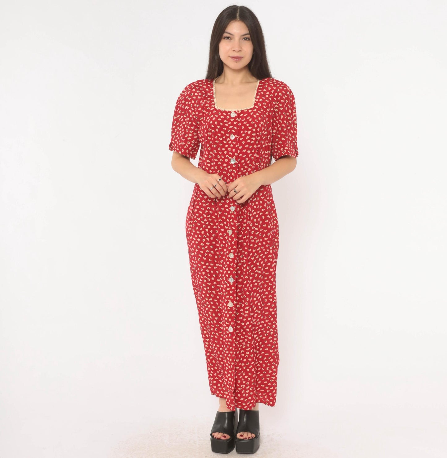 90s Anthony Mark Hankins Red Floral Maxi Dress Square Neck Lace Trim Large L