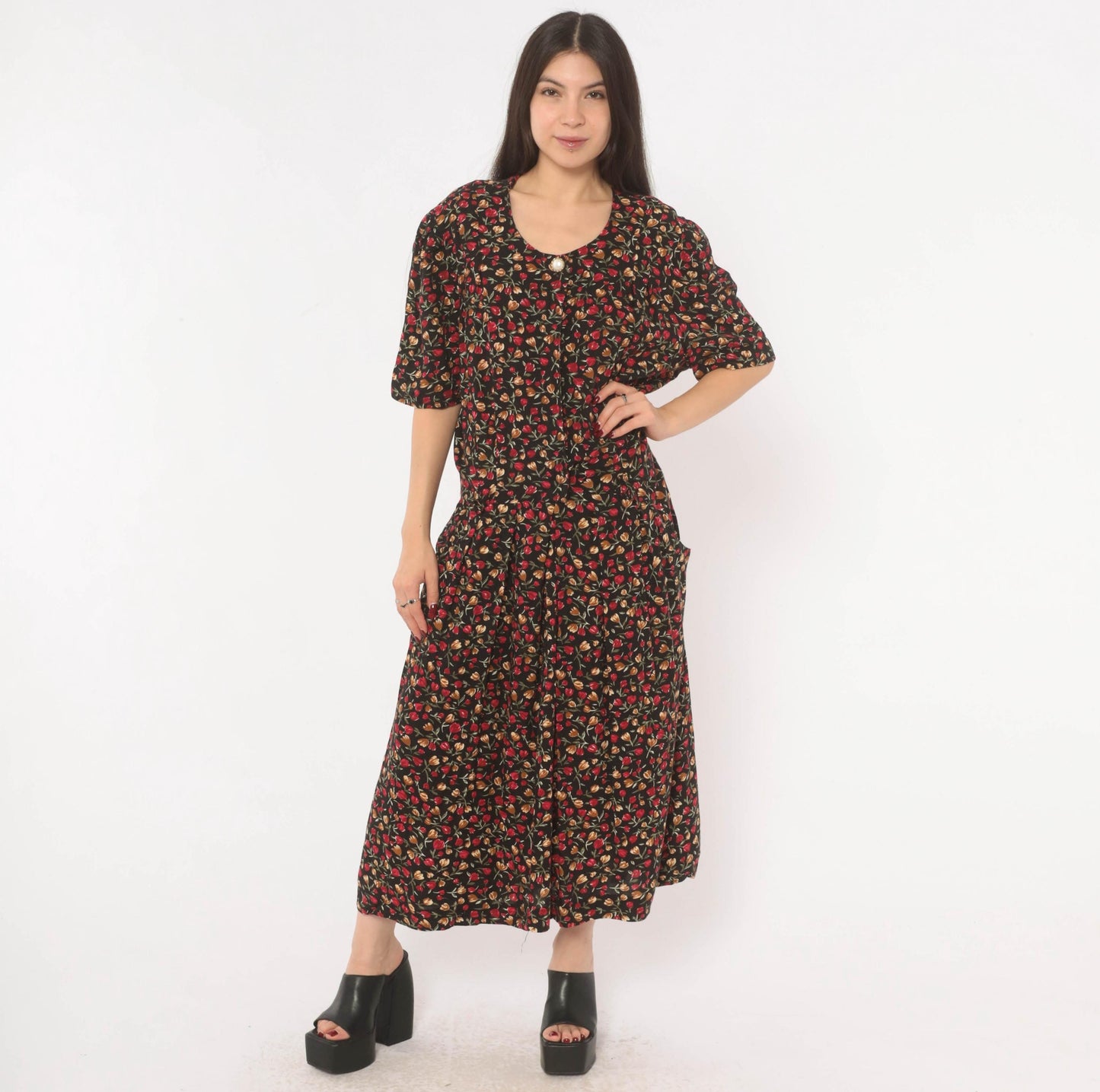 90s Periwinkle Black Tulip Maxi Dress Red Floral Puff Sleeve Plus Size XXL