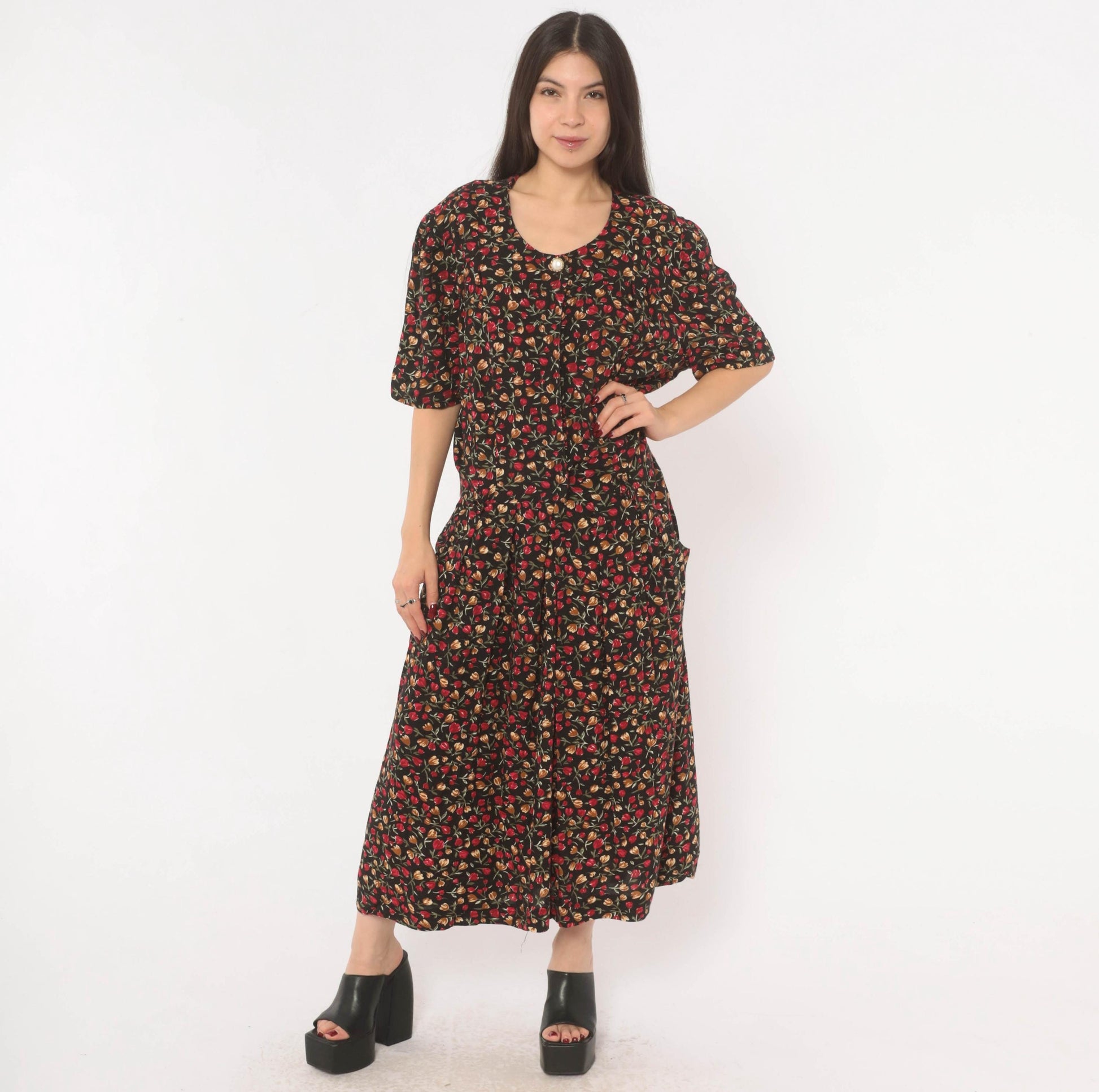 90s Periwinkle Black Tulip Maxi Dress Red Floral Puff Sleeve Plus Size XXL