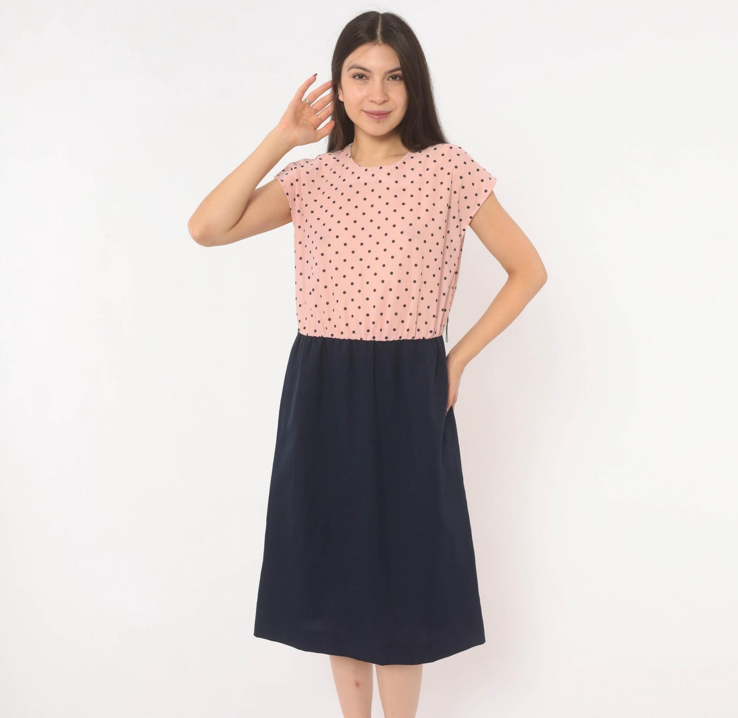 80s Two-Tone Polka Dot Dress Pink Navy Cap Sleeve A-Line Medium M