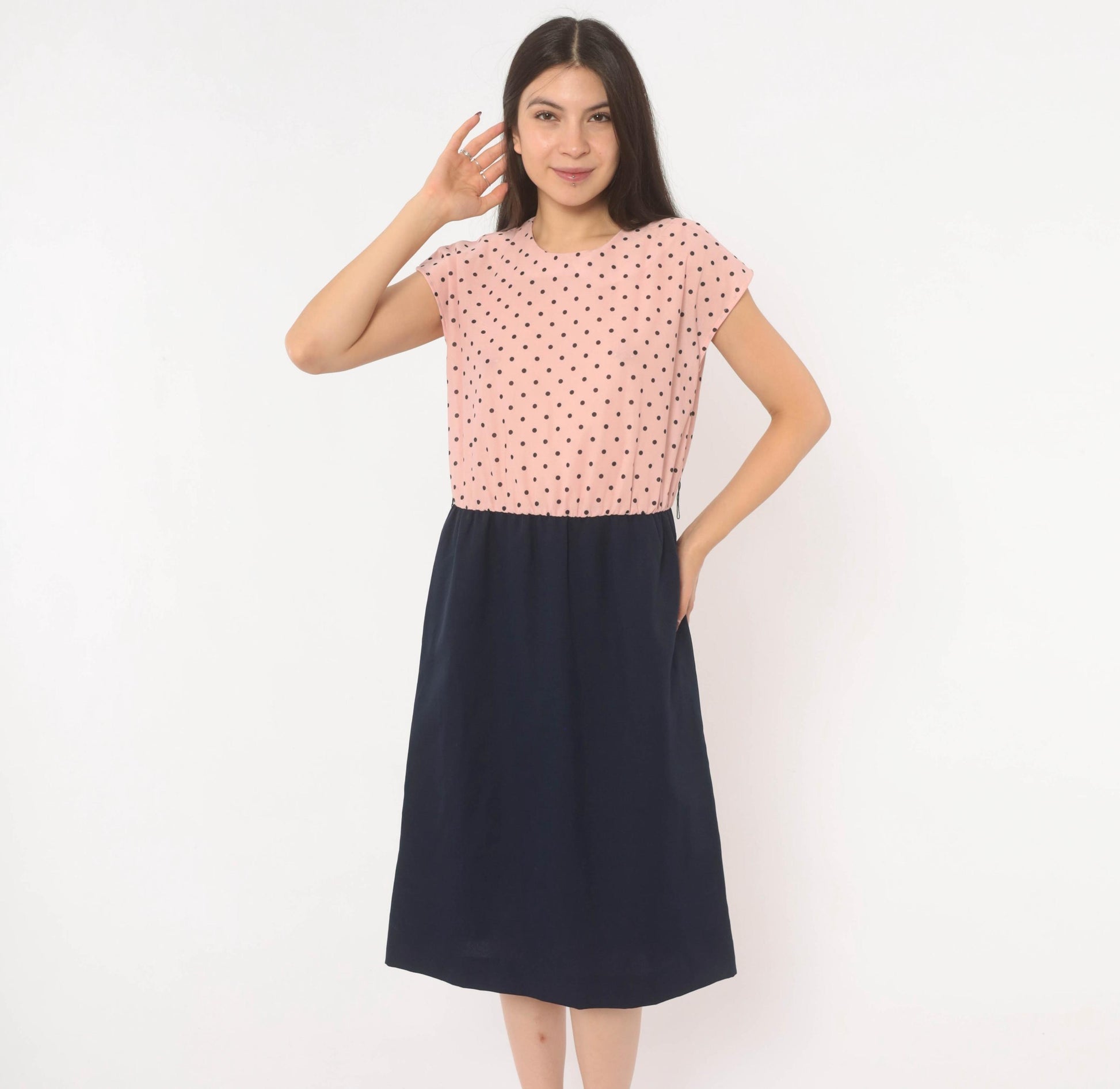80s Two-Tone Polka Dot Dress Pink Navy Cap Sleeve A-Line Medium M
