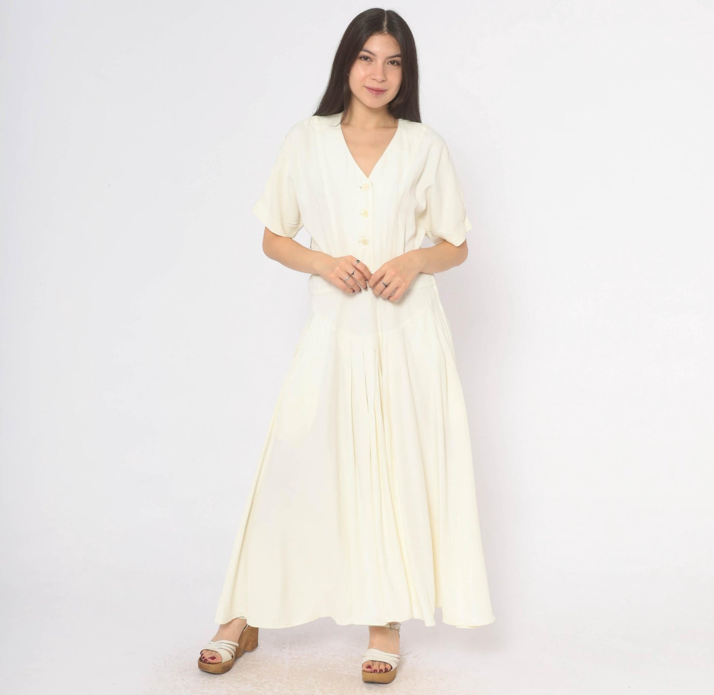 90s E.D. Michaels Cream Button Front Maxi Dress Puff Sleeve Drop Waist Medium M