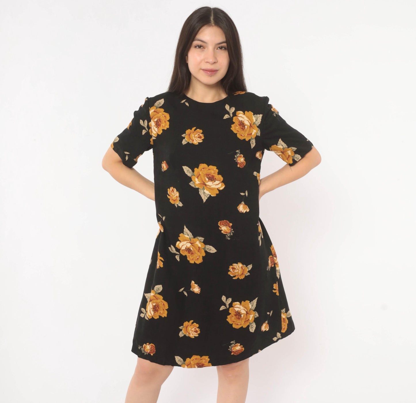 90s Black Floral Shift Dress Mustard Rose Print Cotton Crew Neck Medium M