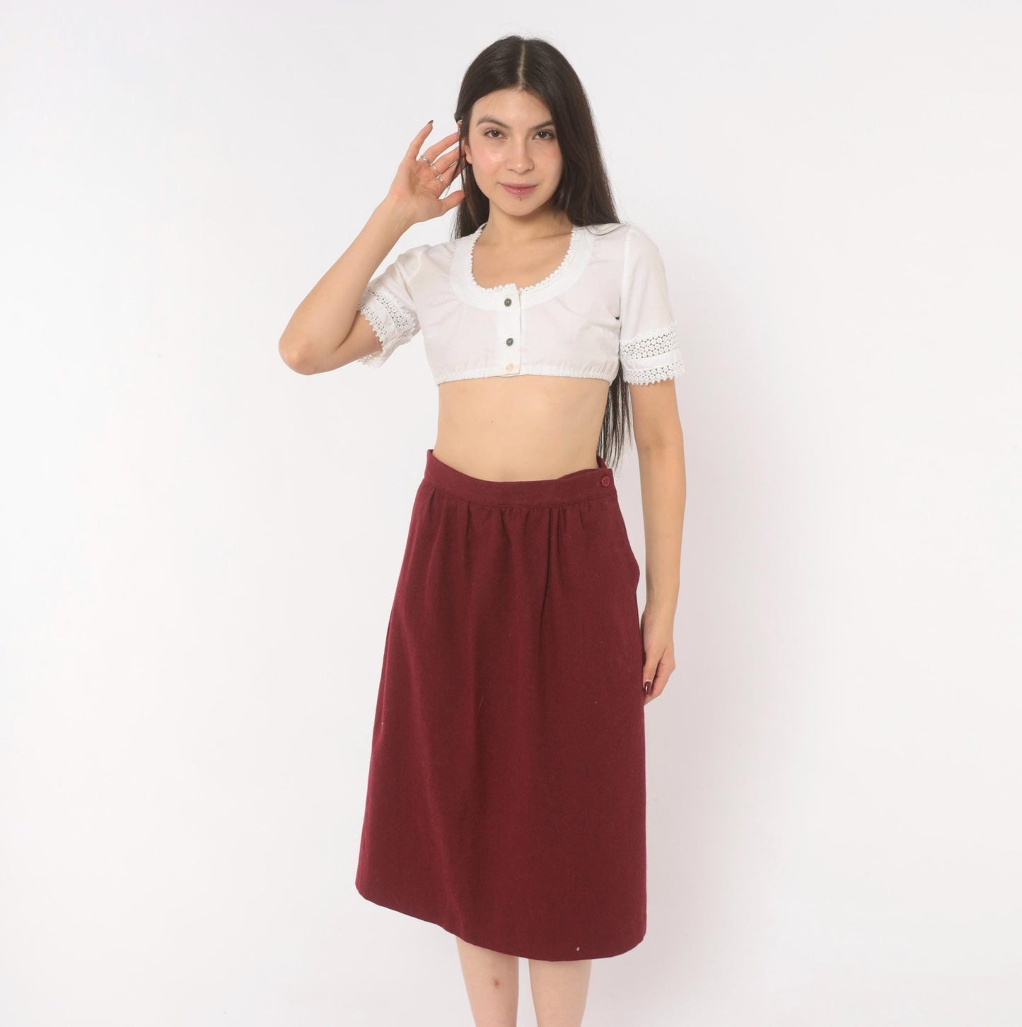 80s Sag Harbor Burgundy Wool A-Line Skirt Pleated Pockets Small