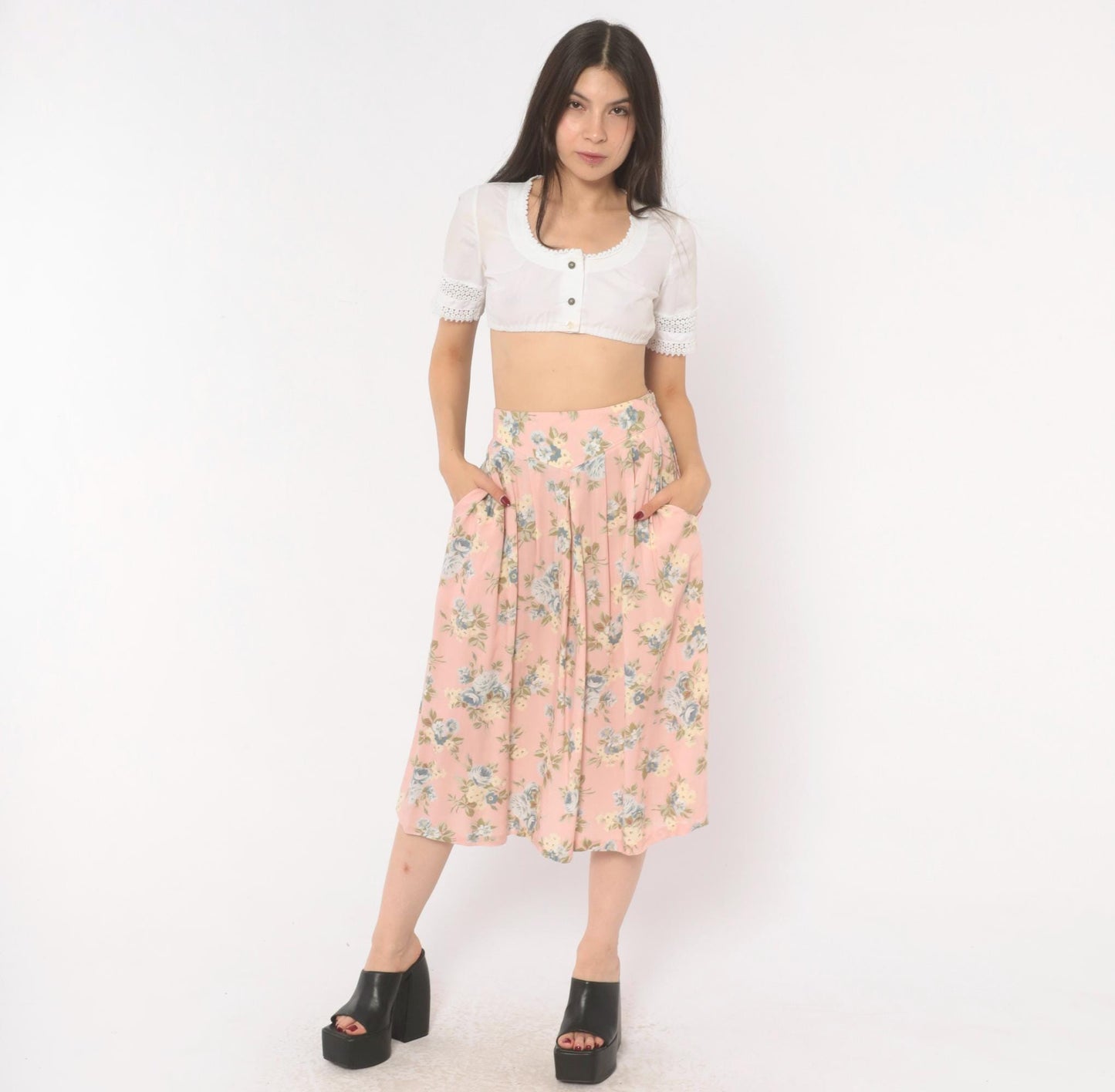 90s Russ Petites Floral Pleated Skirt Pink Rose Blue Cotton A-Line Medium