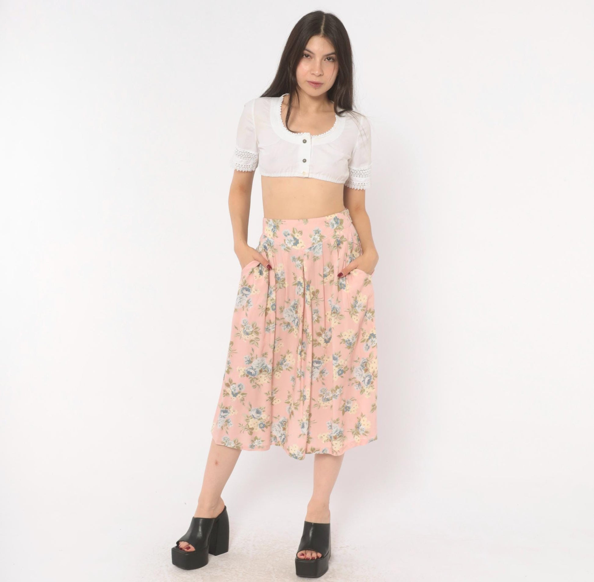 90s Russ Petites Floral Pleated Skirt Pink Rose Blue Cotton A-Line Medium